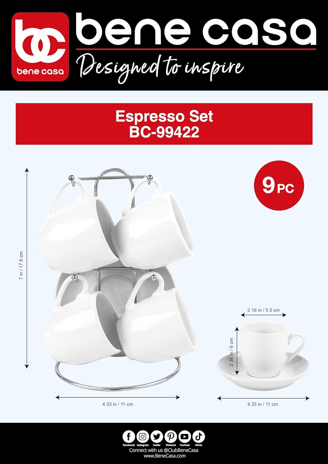 Bene Casa 13-piece Espresso set with metal stand, 4 espresso cup set, cup and saucer set,4-person espresso set, dishwasher safe, White High Glaze