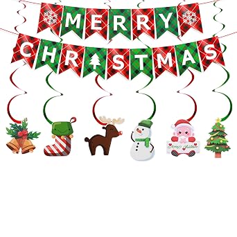 Festiko® Merry Christmas Banner,Xmas Signs Hanging Banner, Plaid Red Green Christmas Banner with Christmas Tree Santa Elk and Sock Snowman Spiral Strip Ornaments for Home Wall Fireplace Party Supplies