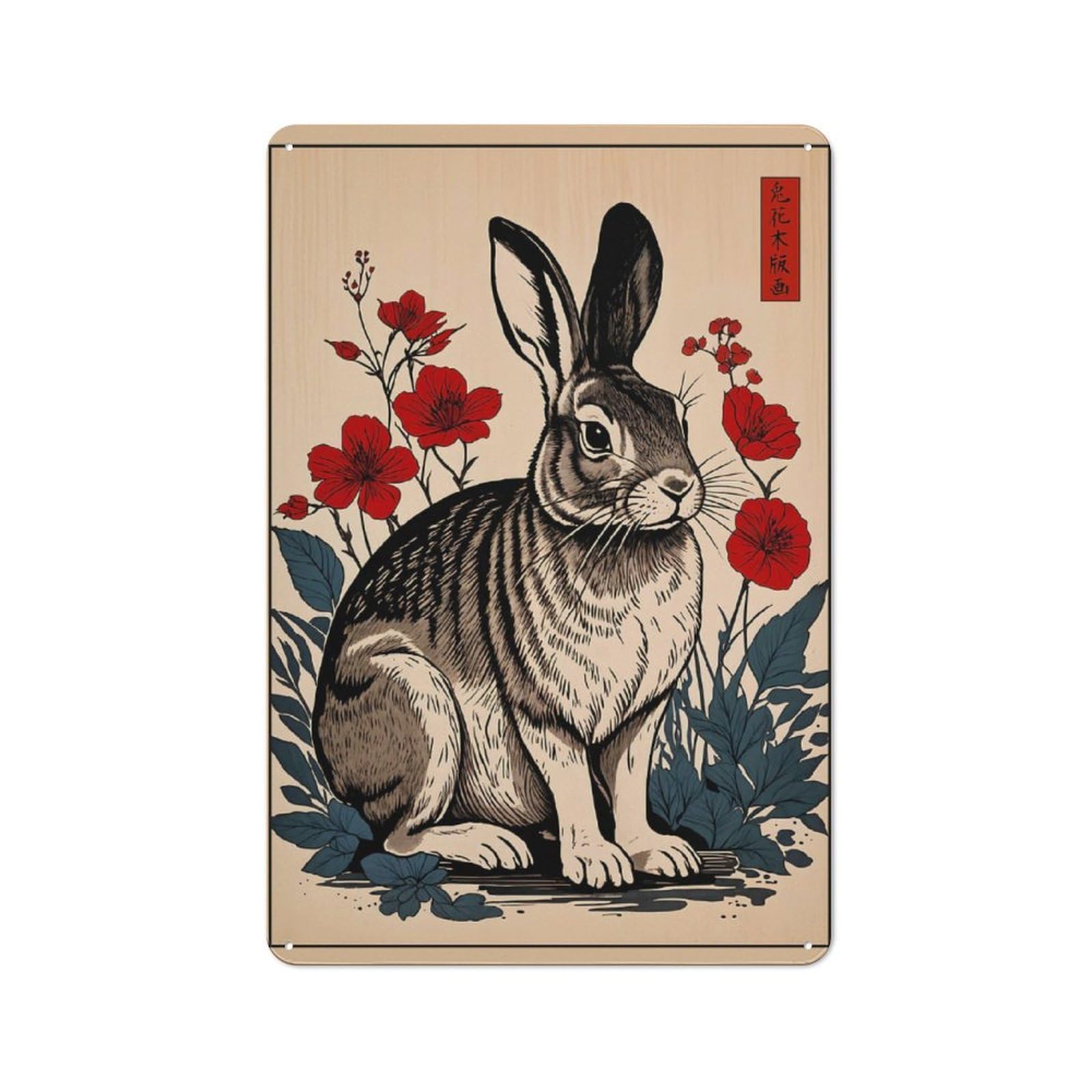 Junmoney Rabbit Japanese Art Creative Metal Wall Decor 30X20cm, Metal Desk Wall Sign For Hobby Room, Office, Lounge Or Living Room