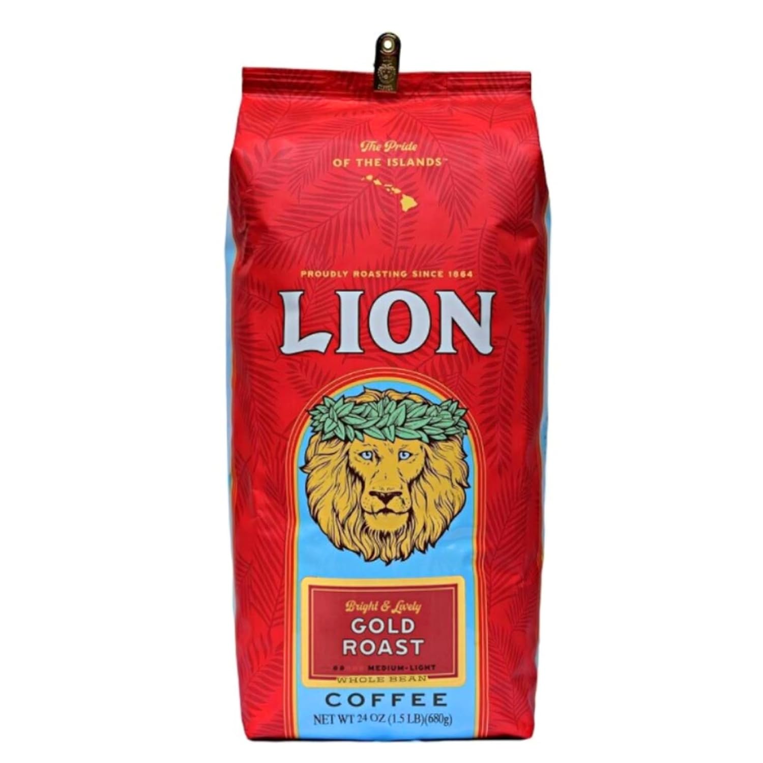 Lion Coffee Gold Roast Whole Bean Coffee, Medium-Light Roast, A Taste of Aloha – 24 Ounce Bag