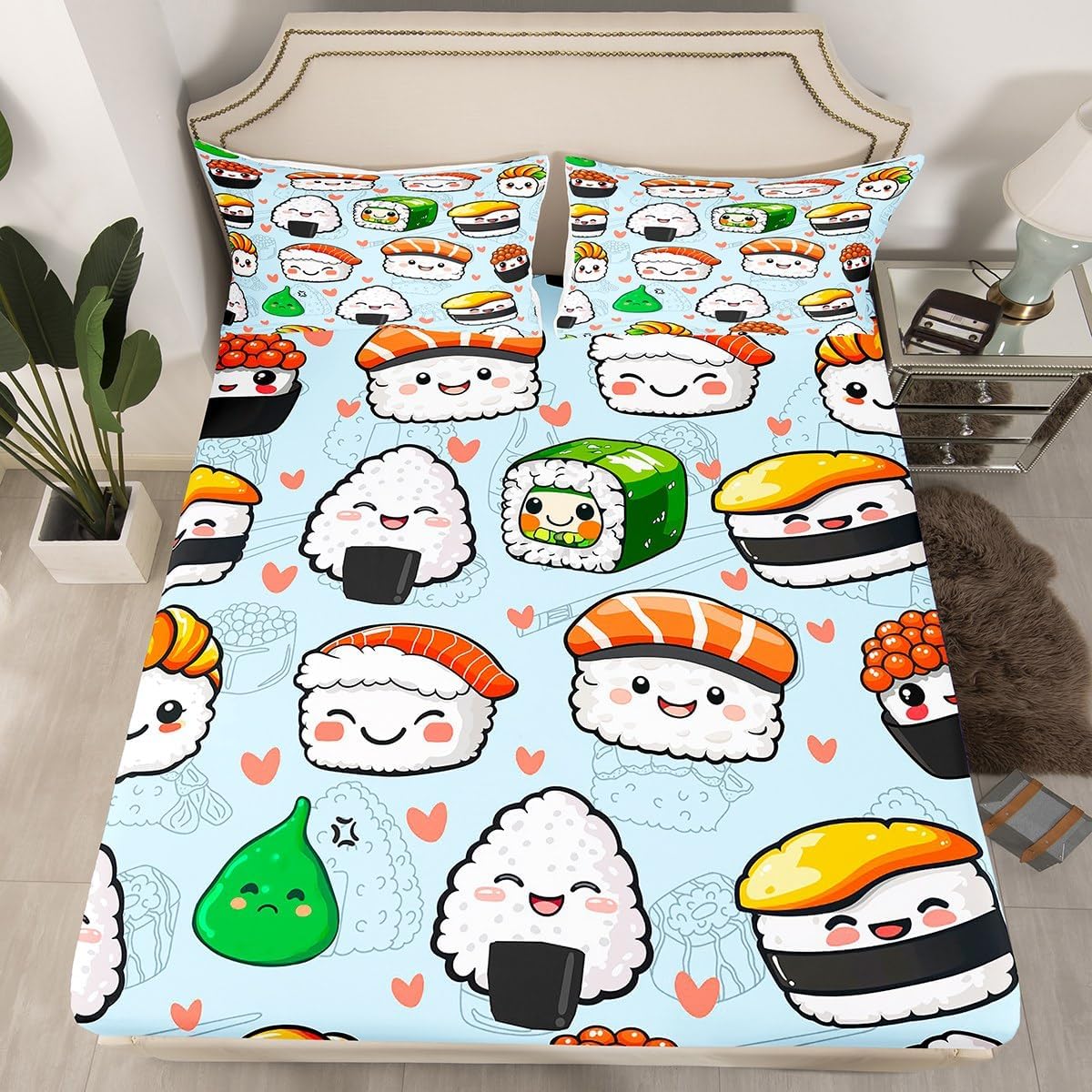 Homewish Sushi Bedding Set Twin Size,Cartoon Sushi Love Heart Print Fitted Sheet 2Pcs,Japanese Style Food Bed Sheet for Kids Boys Girls Bedroom Decor,Light Blue Deep Pocket Sheet,1 Pillowcase