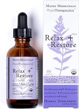 Relax + Restore Alcohol-Free Herbal Stress Support- with Nervines and Adaptogens for Healthy Calm* Certified Organic - 2 floz 60 Servings
