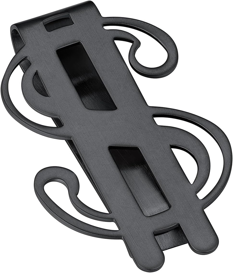 ChainsHouseStainless Steel Money Clip Slim Wallet Credit Business Card Holder for Men, Wallet Charms Gift for Father Dad Husband, E-dollar Sign-black, One size