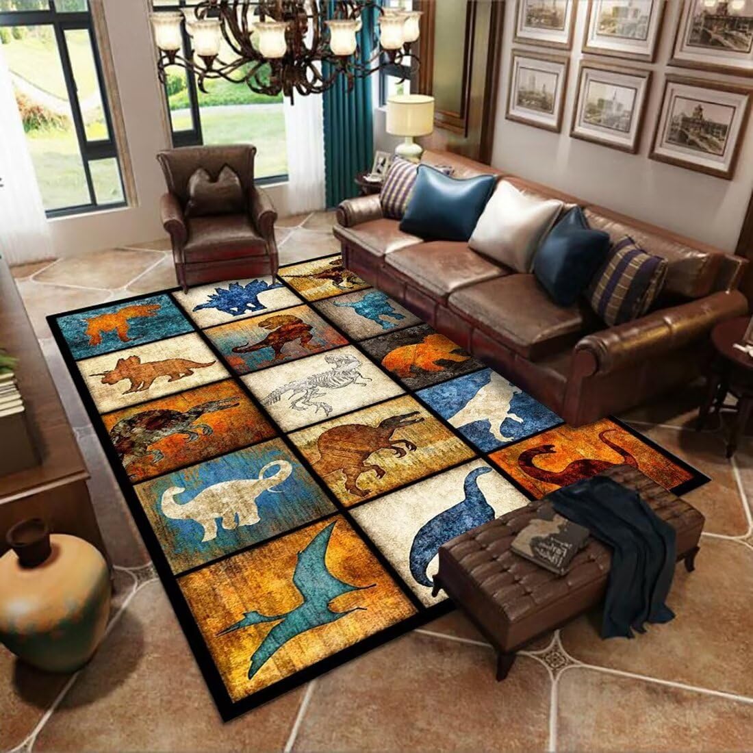 Qmkmyy Multicolor Lodge Cabin Dinosaur Area Rugs for Living Room Kids Bedroom Cartoon Dino Rug Play Room Mat Carpet,3'x5'