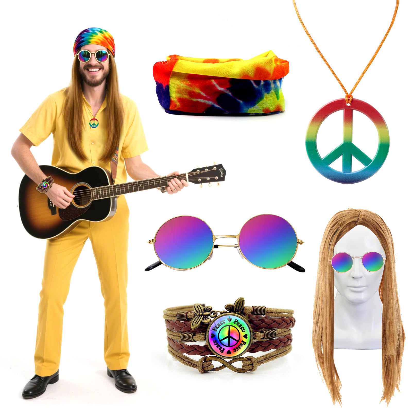 GOTRUST 5pcs Hippie Costume Set, 60s 70s Hippy Fancy Dress Accessories with Tie Dye Headband, Peace Necklace