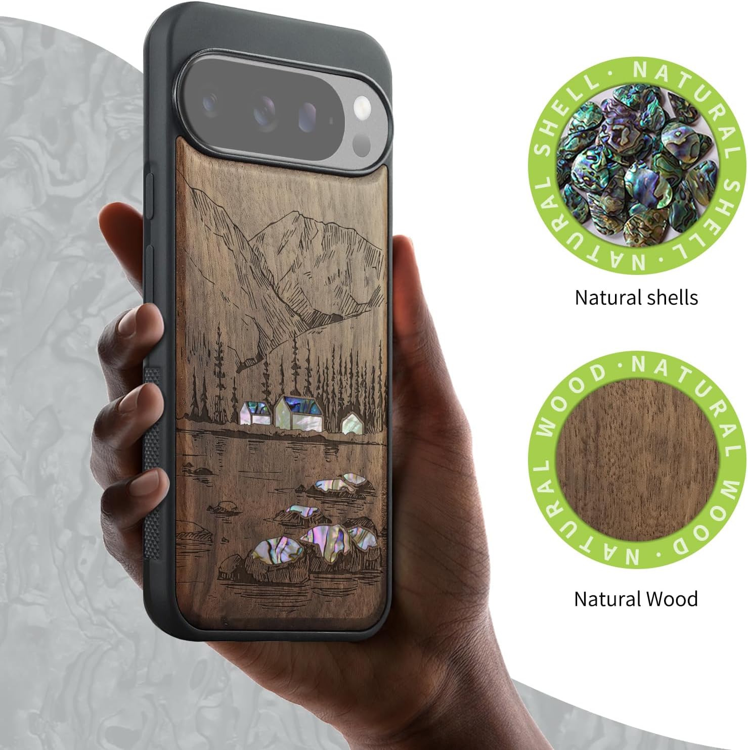 Carveit Magnetic Wooden Case for Google Pixel 10 Pro XL Case, Wood Artisan Engraved & Handmade Shell Inlaid, Compatible with MagSafe Wireless Chargers, Lakes and Mountains - Walnut