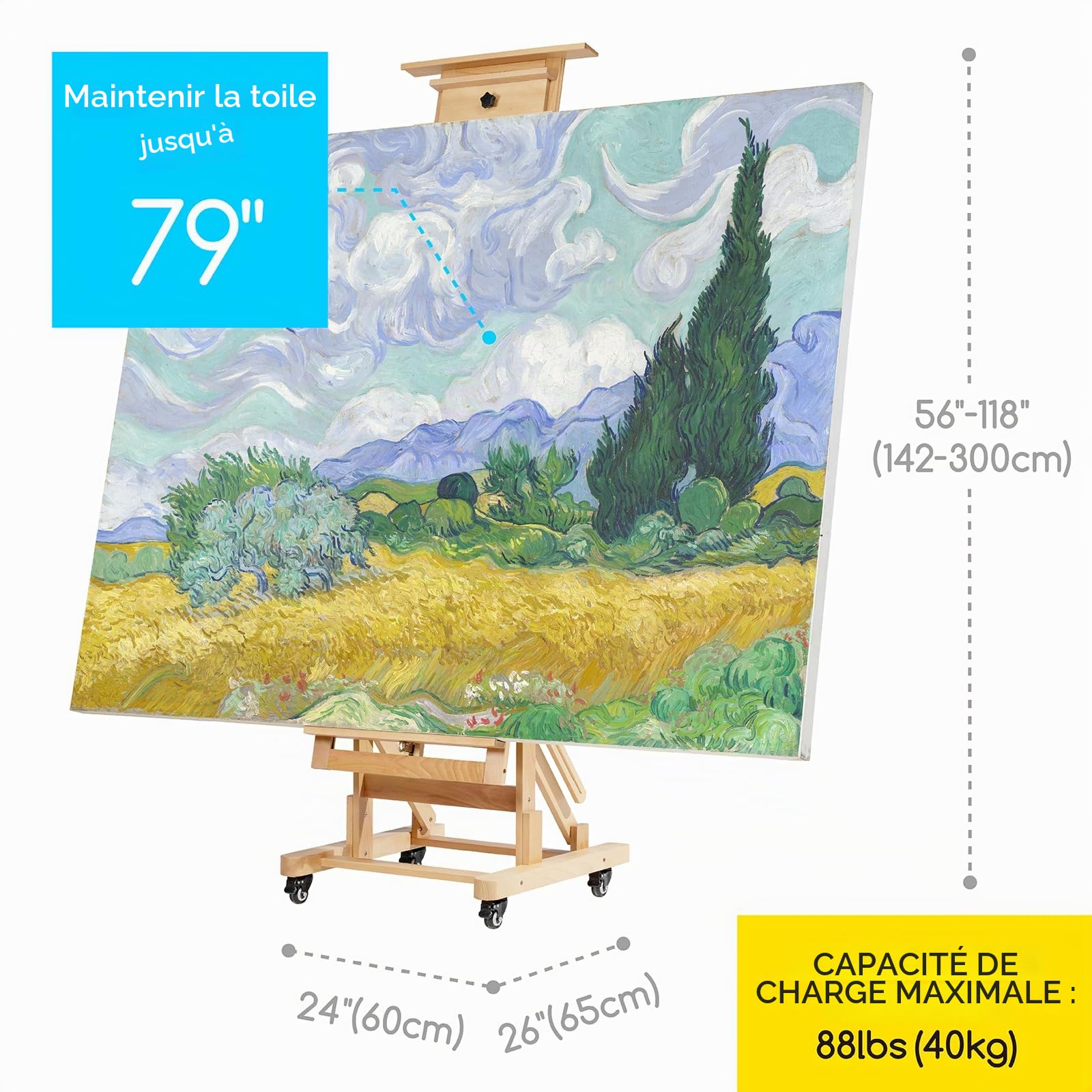 MEEDEN Chevalet de peinture mobile en forme de H - Chevalets de studio en bois de hêtre pour artistes - Chevalet d'art professionnel et robuste pour adultes - Peut accueillir des toiles jusqu'à 200cm