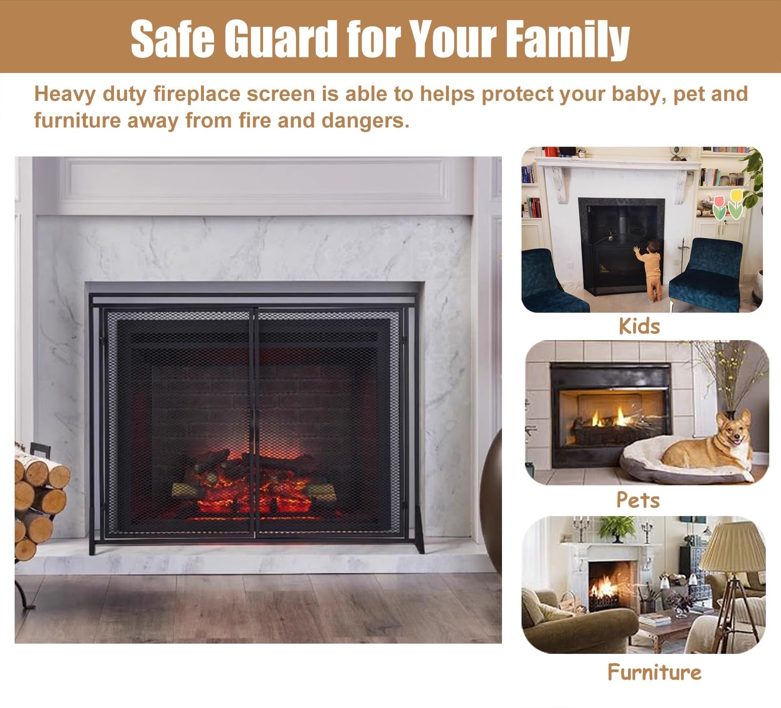 Salvachispas Chimenea Mamparas Decorativas para Chimenea con 2 Puertas, Malla Grande de Un Solo Panel a Prueba de Bebés para Casas de Campo, Mampara Protectora Contra Chispas de Hierro Forjado