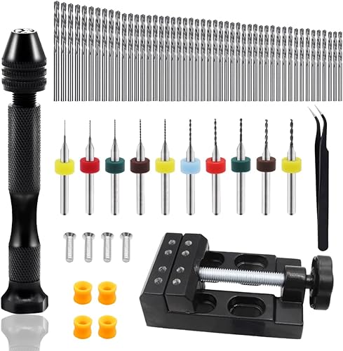 Dianrui Juego de 61 taladros manuales con tornillo de banco que incluye 1 mini tornillo de prensa, 10 mini brocas de PCB, 1 pinza de codo y 48
