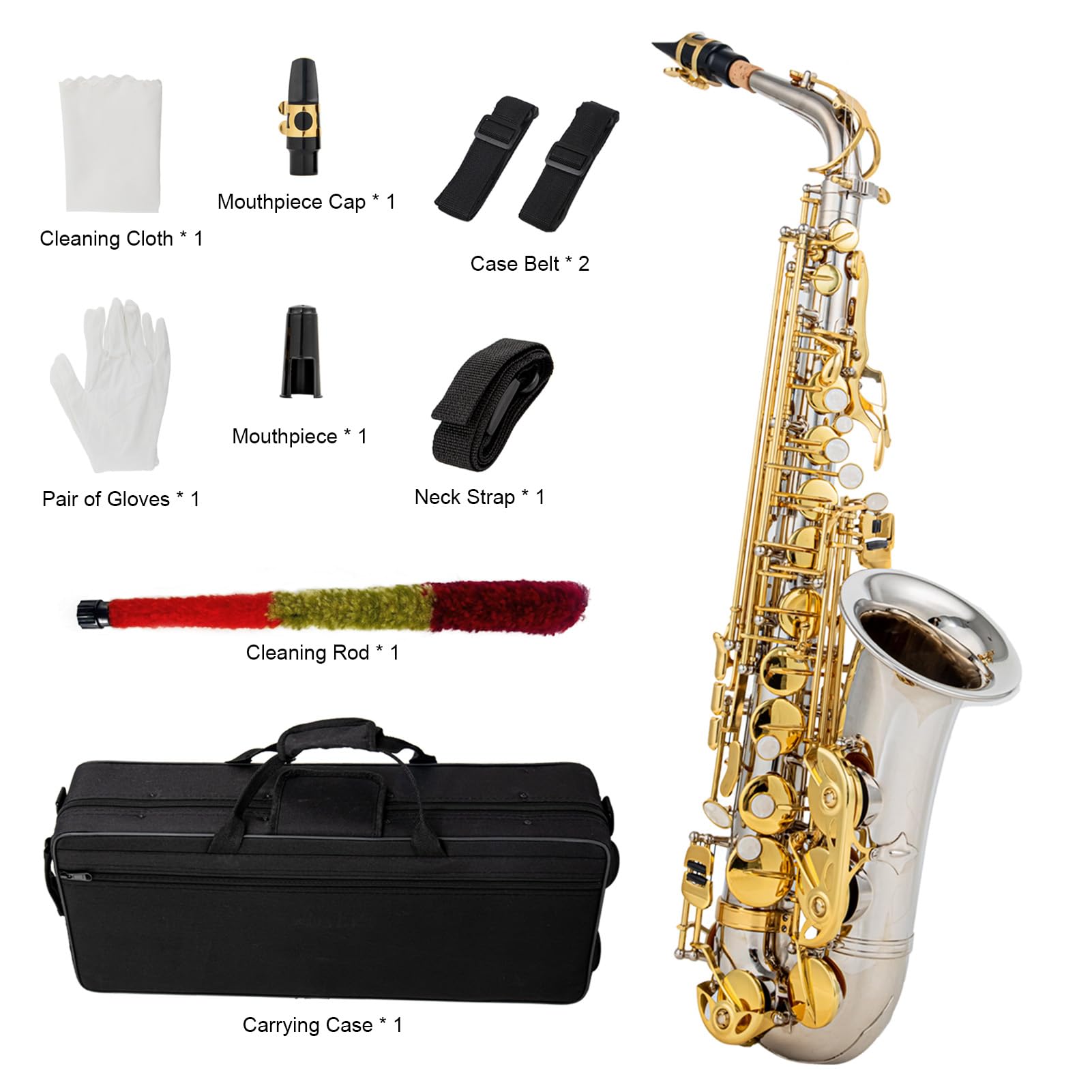 ACAGALA Eb - Sassofono contralto in ottone E Flat Sax 802, tipo di pulsante, strumento a fiato con bastone di pulizia, panno, guanti, cinghie, valigetta imbottita