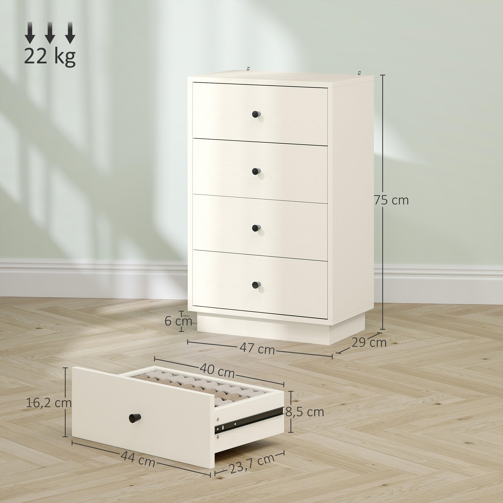 HOMCOM Commode 5 Tiroirs Moderne avec Poignées 47 x 29 x 95 cm Crème