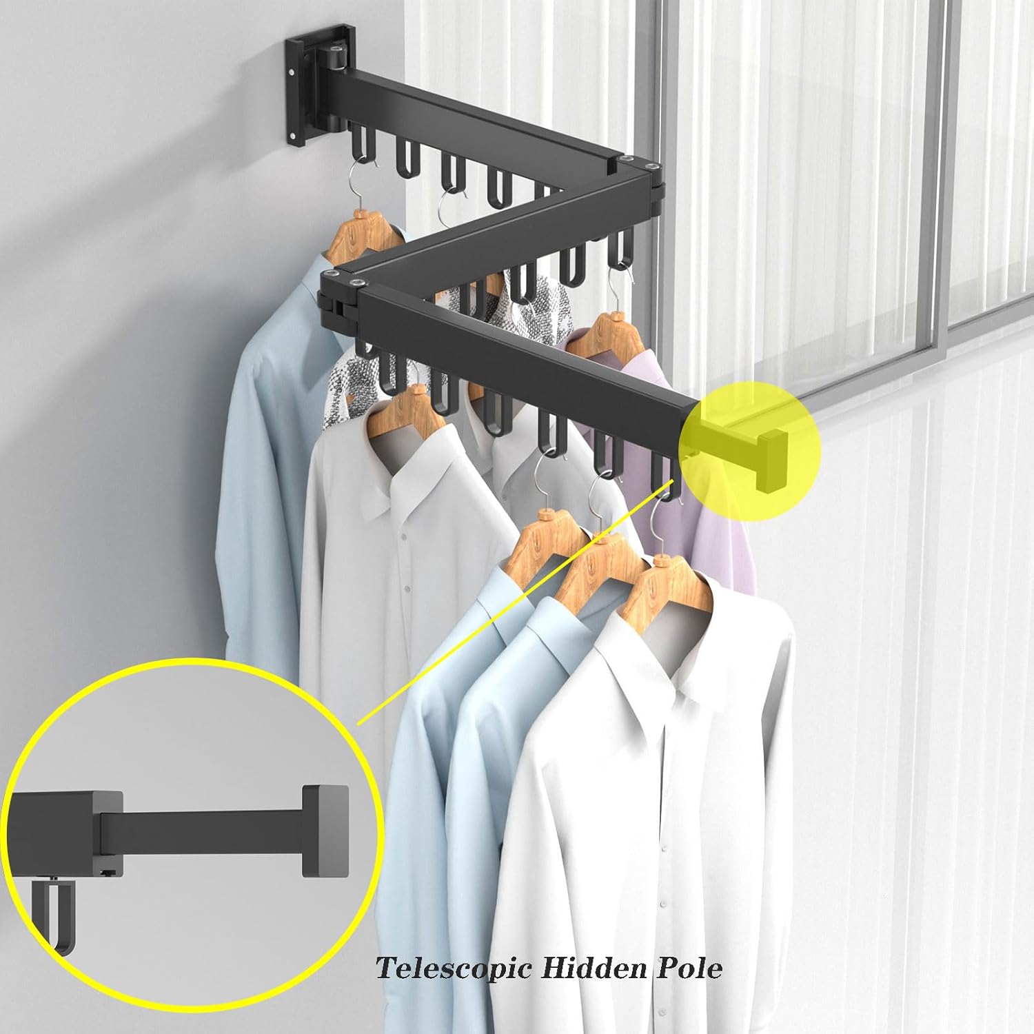 Clothes Drying Racks for Laundry Foldable, Wall Mounted Clothes Drying Rack, Dryer Racks for Laundry Drying Indoor Aluminum Alloy, Laundry Stand Organizer (White 94cm/37in) (Black