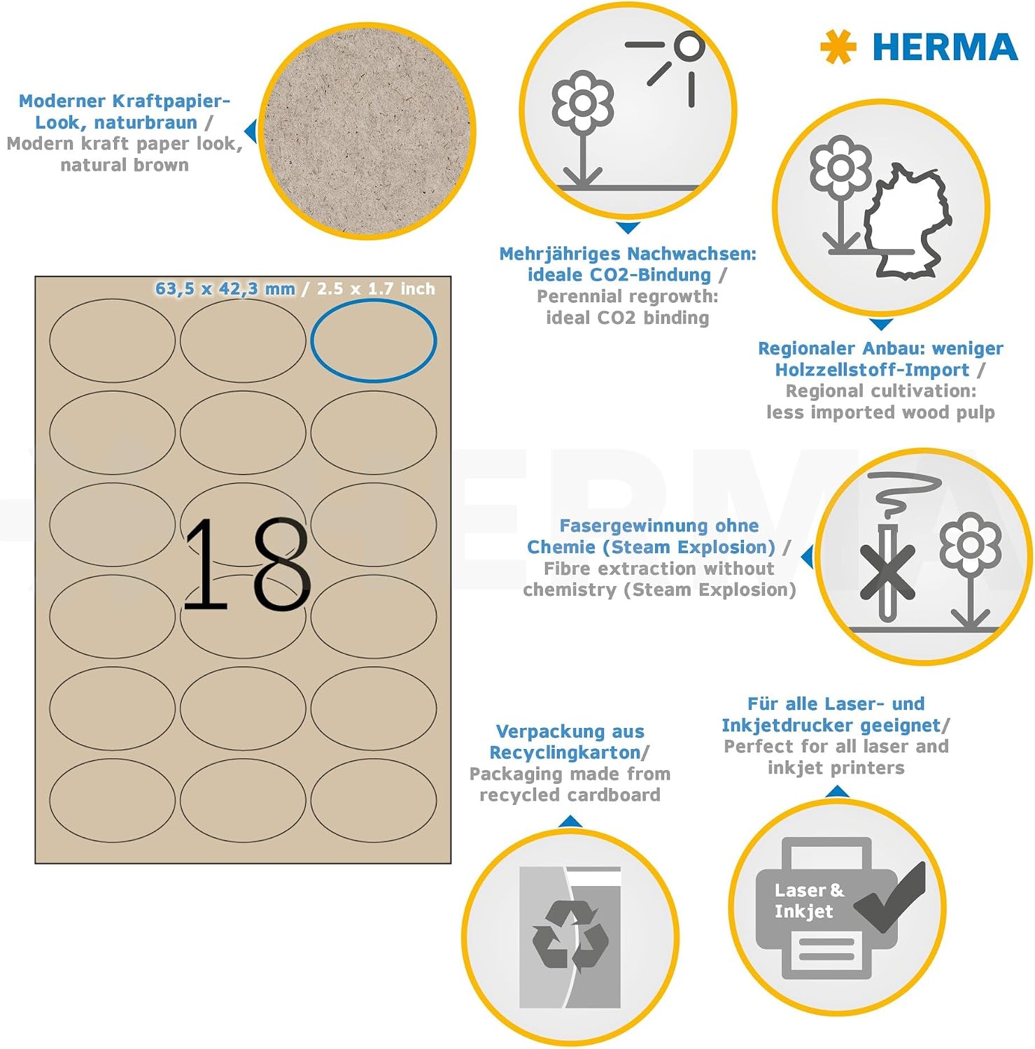 HERMA 10763 Universal Oval Grass Paper Labels, 20 Sheets, 63.5 x 42.3 mm, 18 per A4 Sheet, Pack of 360, Self-Adhesive, Printable, Matt, Blank Adhesive Labels Made of Silphie Paper, Natural Brown