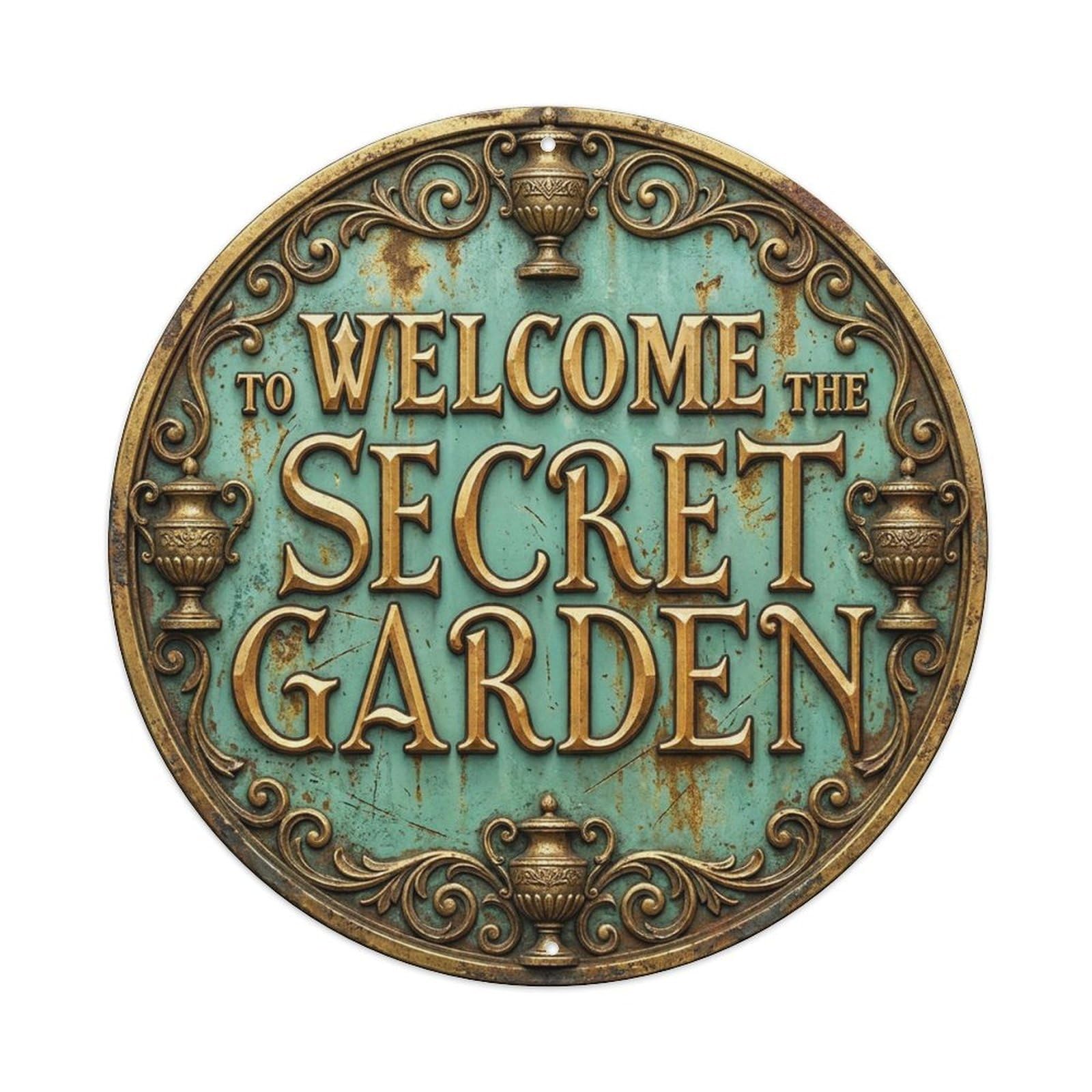 Vintage Welcome Secret Garden Gold Seafoam Elegant Metal Tin Sign