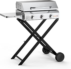 ONLYFIRE GRILLS BBQ Gas Griddle 3 Burners with Side Table & Foldable Cart, Flat Top Propane Griddle Stove with for Outdoor Cooking, Patio Camping RV Tailgating Beach BBQ, GS310