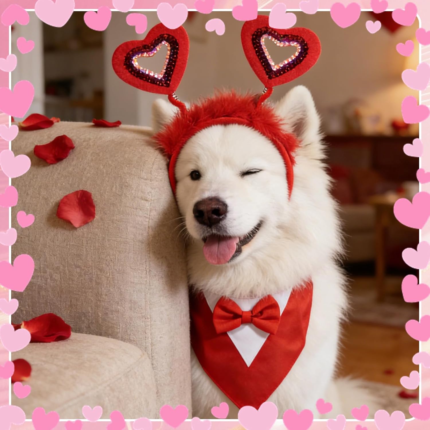 Valentines Day Dog Costume Set Romantic Dog Accessories with Heart Headband and Red Tie Cravat Pet Outfit for Engagement Wedding Party Supplies - Image 4