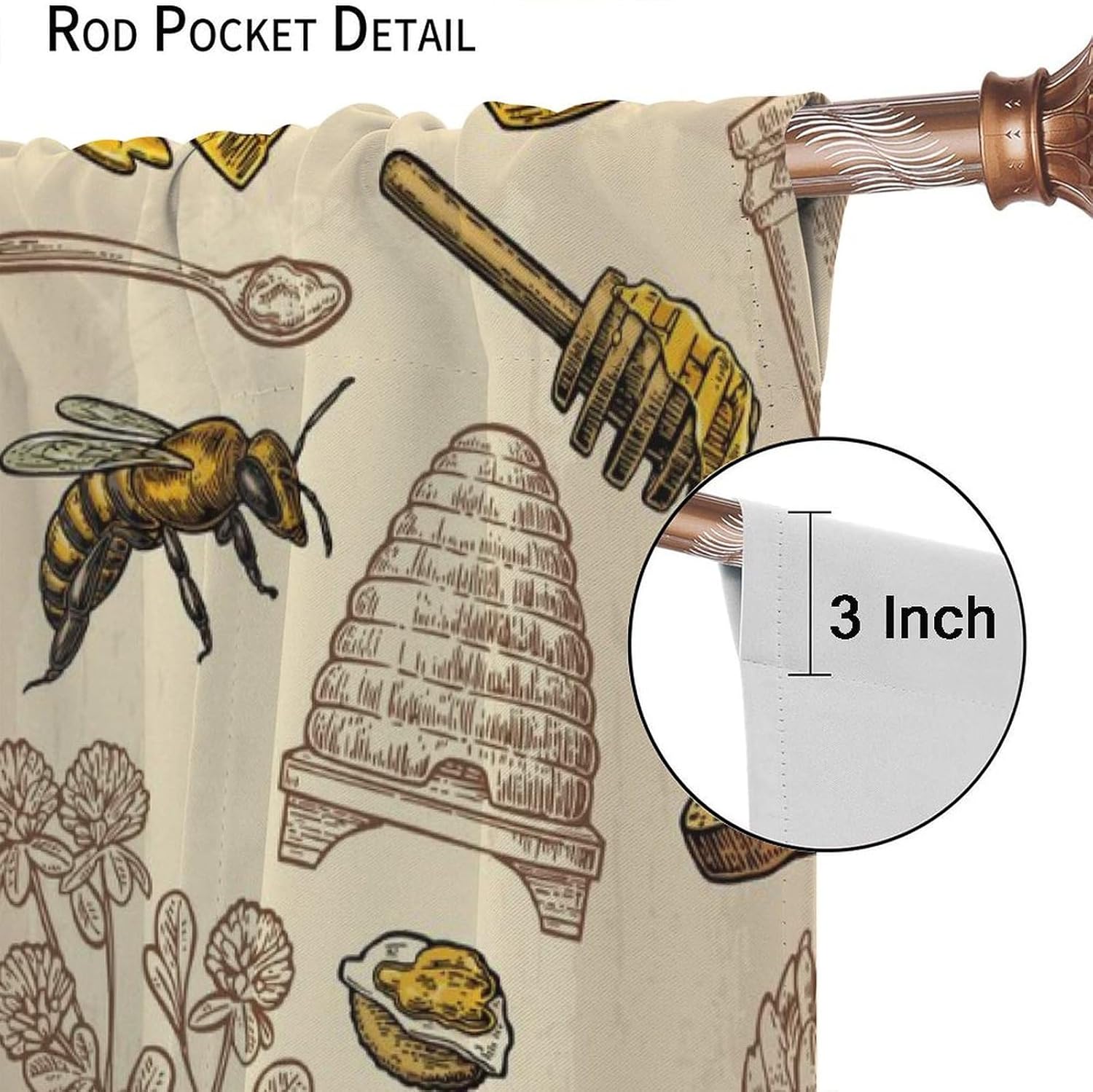 Vintage Bee Blackout Curtain, Retro Rustic Flying Bees Honey Insect Pattern Window Treatments 2 Panels Drapes for Kitchen Living Room Bedroom Decor 42x54in