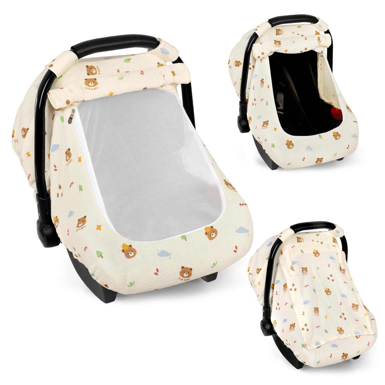 Hooyax Muslin Car Seat Cover Baby - Breathable and Privacy Car Seat Canopy with 3 Modes - Easy Install & Gift Box Packaging, Universal Fit for Infant