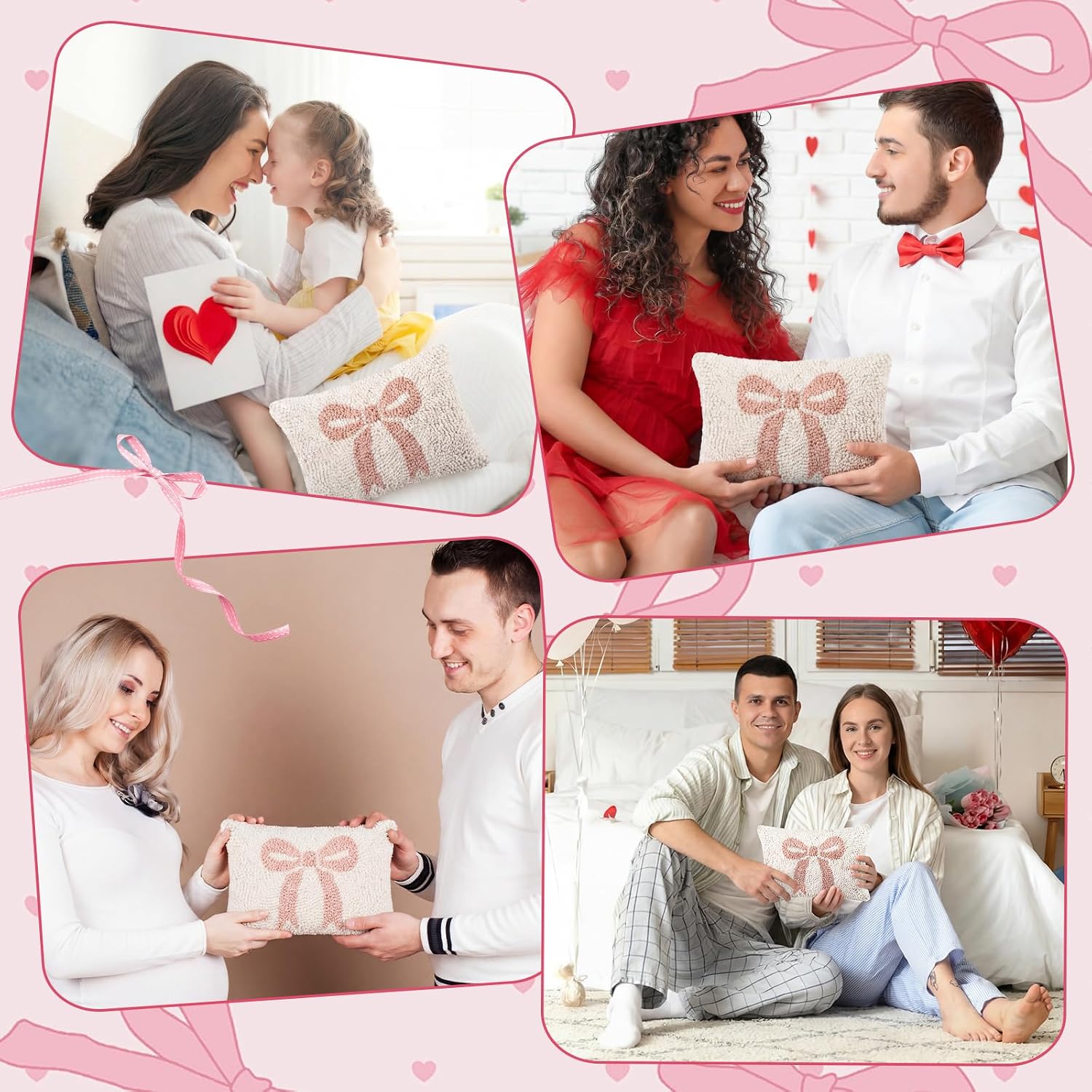 Peryiter Mother's Day Handicraft Bow Throw Pillow 12'' x 8'' Coquette Needlepoint Throw Pillow Cute Bow Mother's Day Decor Gift for Home Decoration Party Decor, Couples, Wedding, Room Cushion