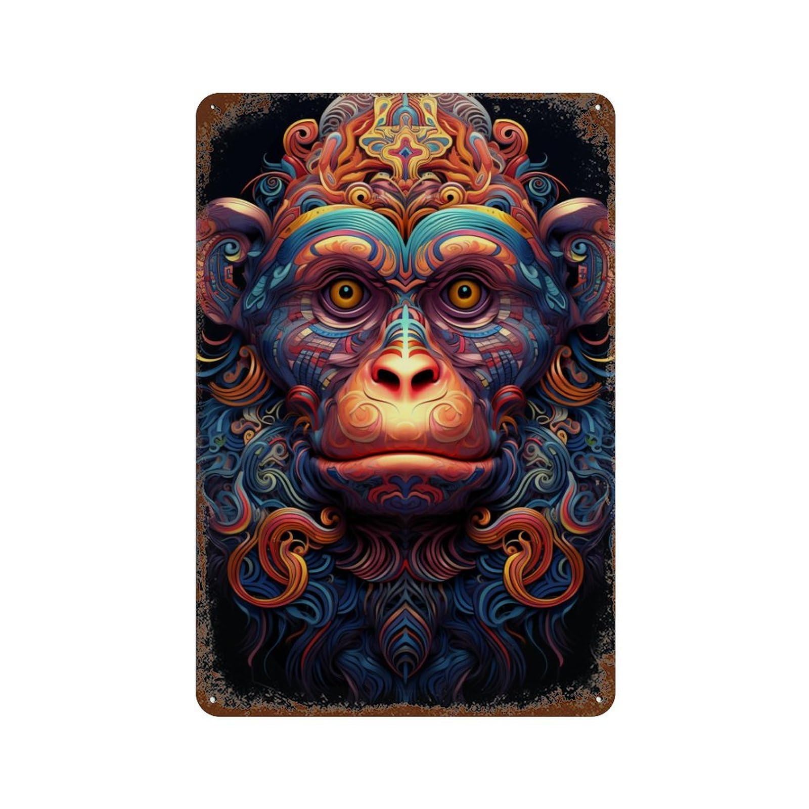 Colorful Monkey Art Print-1 Rustic Tin Plaque 11.8"x7.9", for Shed, Workshop And Garage Wall Decor, Farmhouse Wall Decor