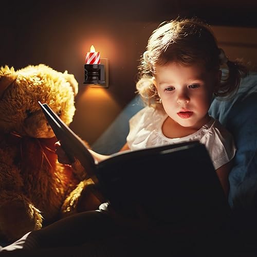 Vista 22 de Meonum Luz nocturna parpadeante sin llama enchufable, luz nocturna LED regulable con sensor de atardecer a amanecer, luz decorativa para dormitorio