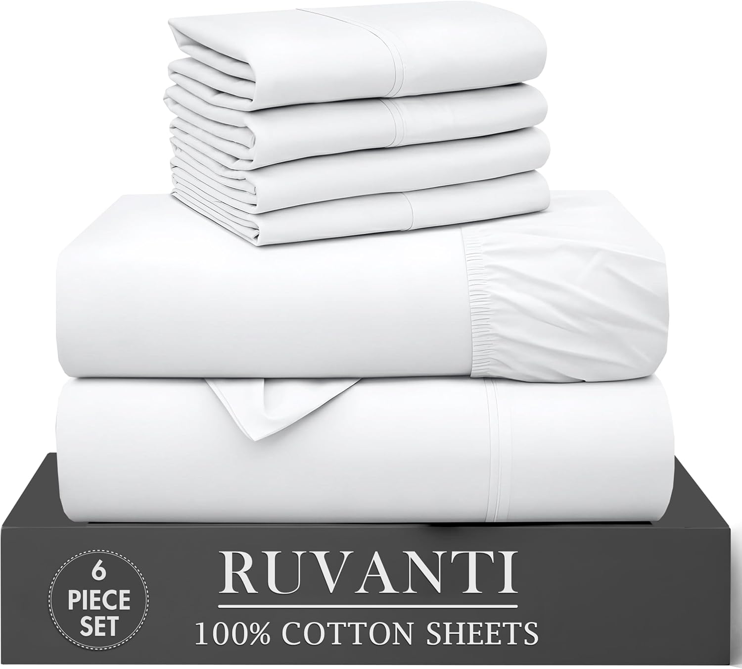 RUVANTI 6 Pcs Cotton Sheets - 100% Natural Cotton Soft, Lightweight & Breathable Crispy Percale Bed Sheets, King Size Sheets Set 16" Deep Pockets, Bright White