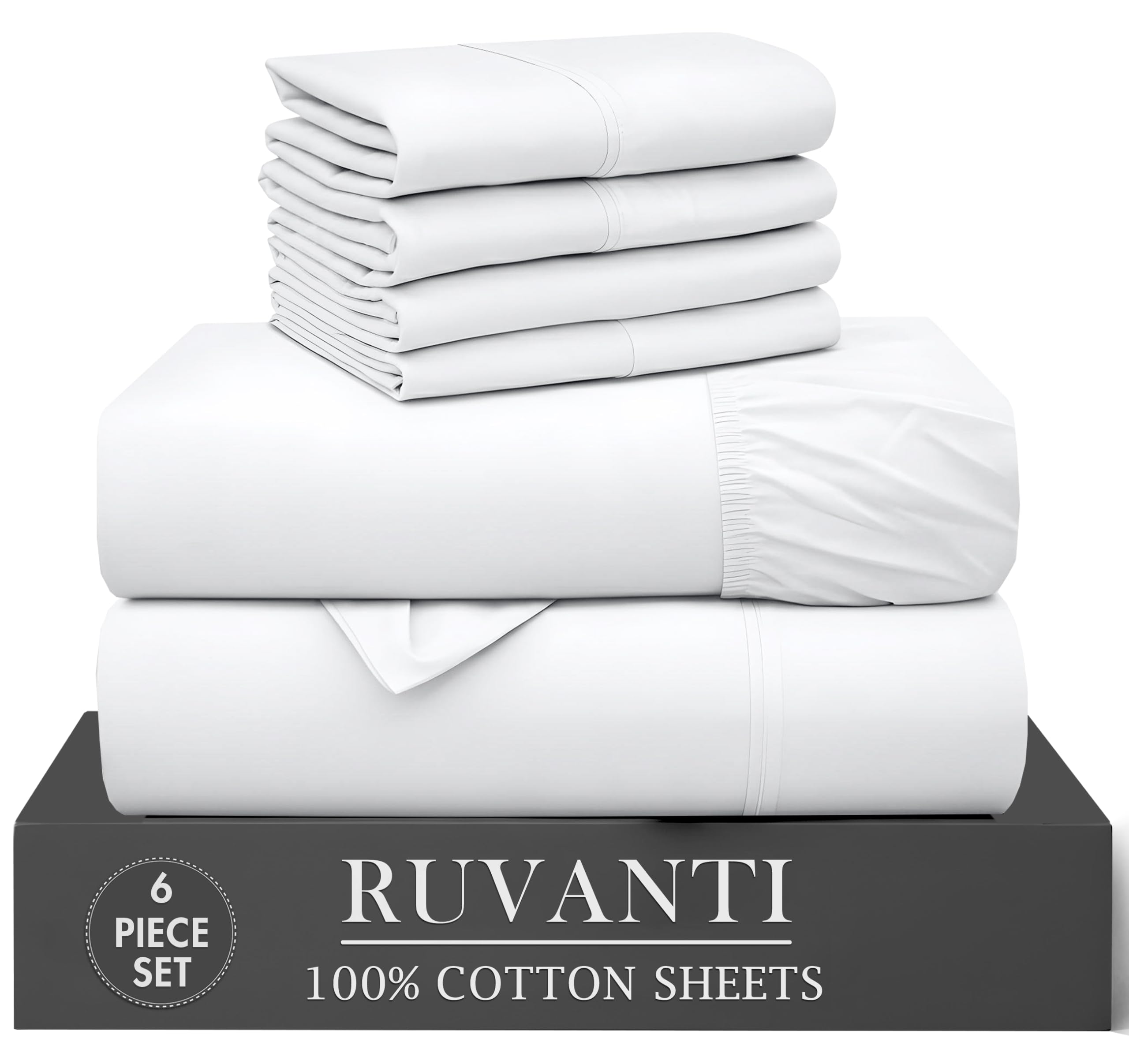 RUVANTI 6 Pcs Cotton Sheets - 100 Natural Cotton Soft Lightweight Breathable Crispy Percale Bed Sheets King Size