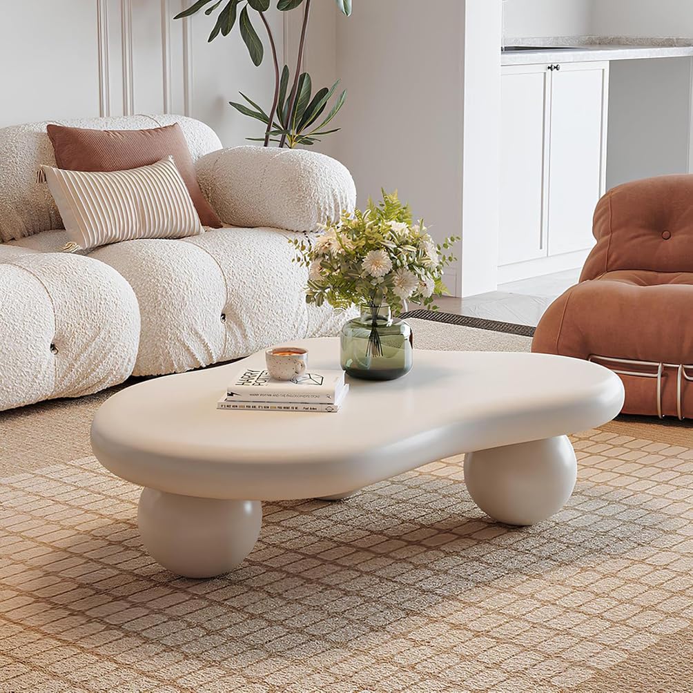 Moderner, Niedlicher Couchtisch in Unregelmäßiger Wolkenform, B White 46in | Moderner, Niedriger Mitteltisch mit Runder Kante, 3 Kugelbeinen, für Kleine Räume im Wohnzimmer oder Büro