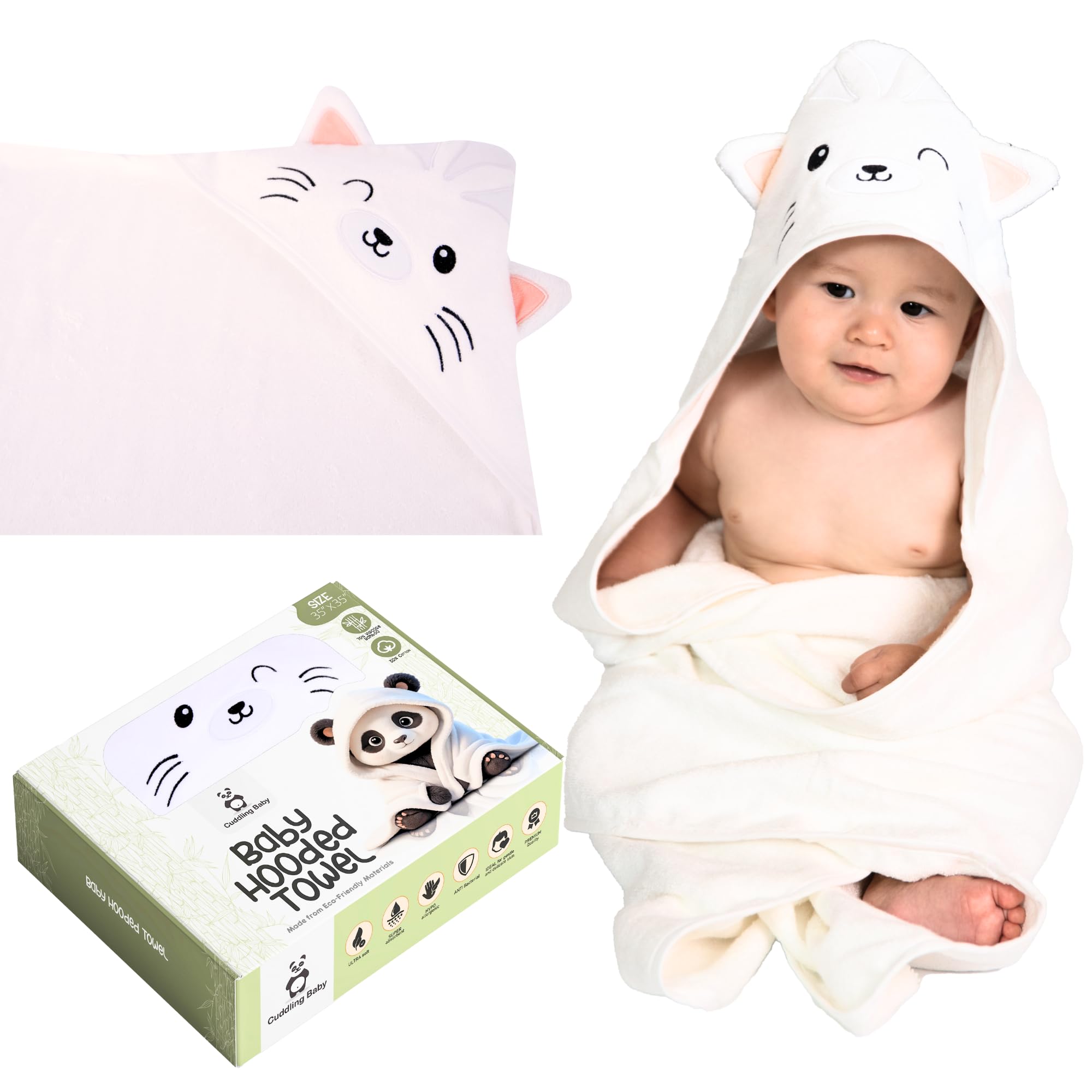 Cuddling Baby Premium Hooded Towel - 500GSM Viscose derived from Bamboo Cotton Baby Towels- Ultra Soft & Absorbent, Extra Large 35” x 35”,