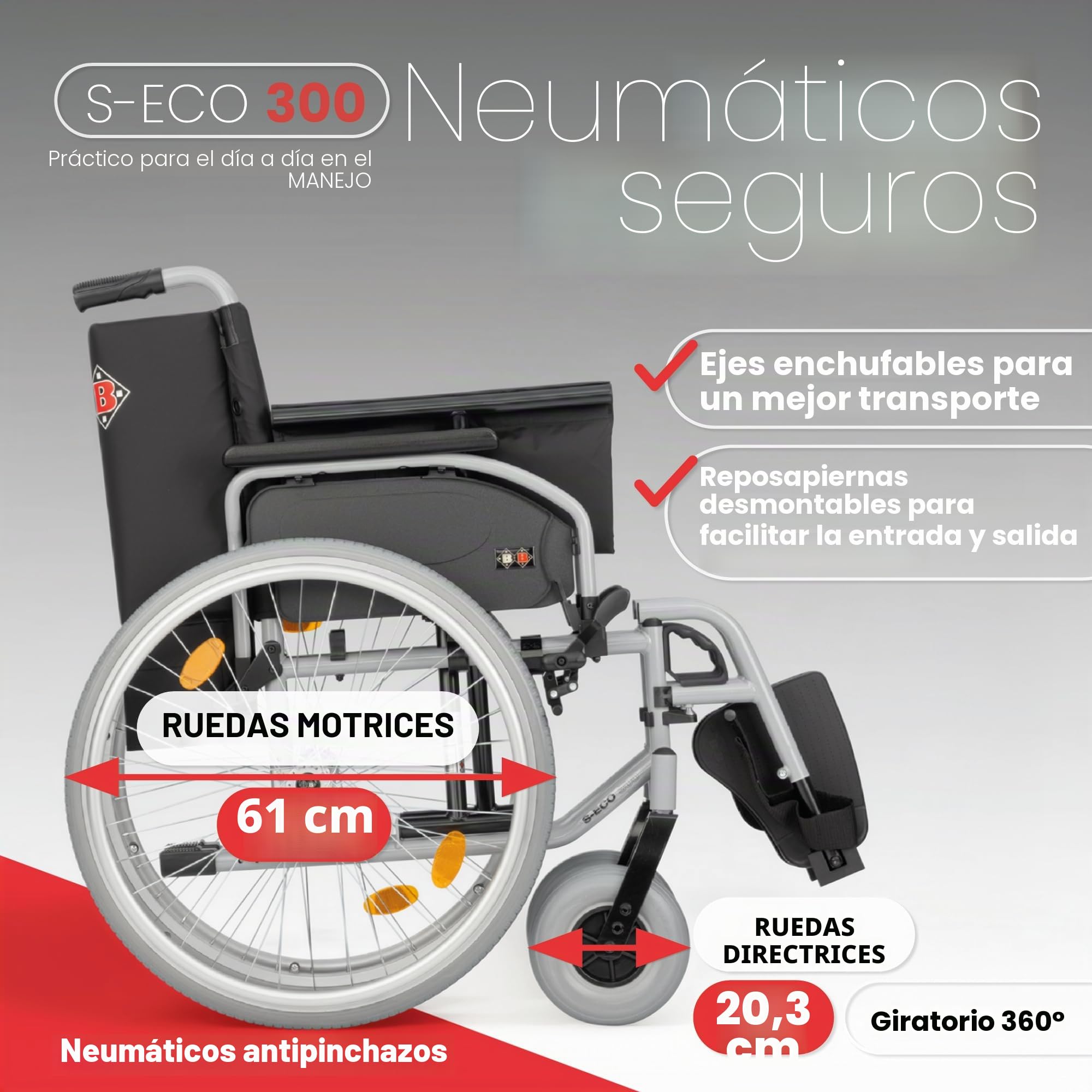 Bischoff&Bischoff S-Eco 300 HMV 18.50.02.0106 - Silla de ruedas plegable (52 cm de ancho, con sistema de eje pasante, para uso doméstico y de viaje