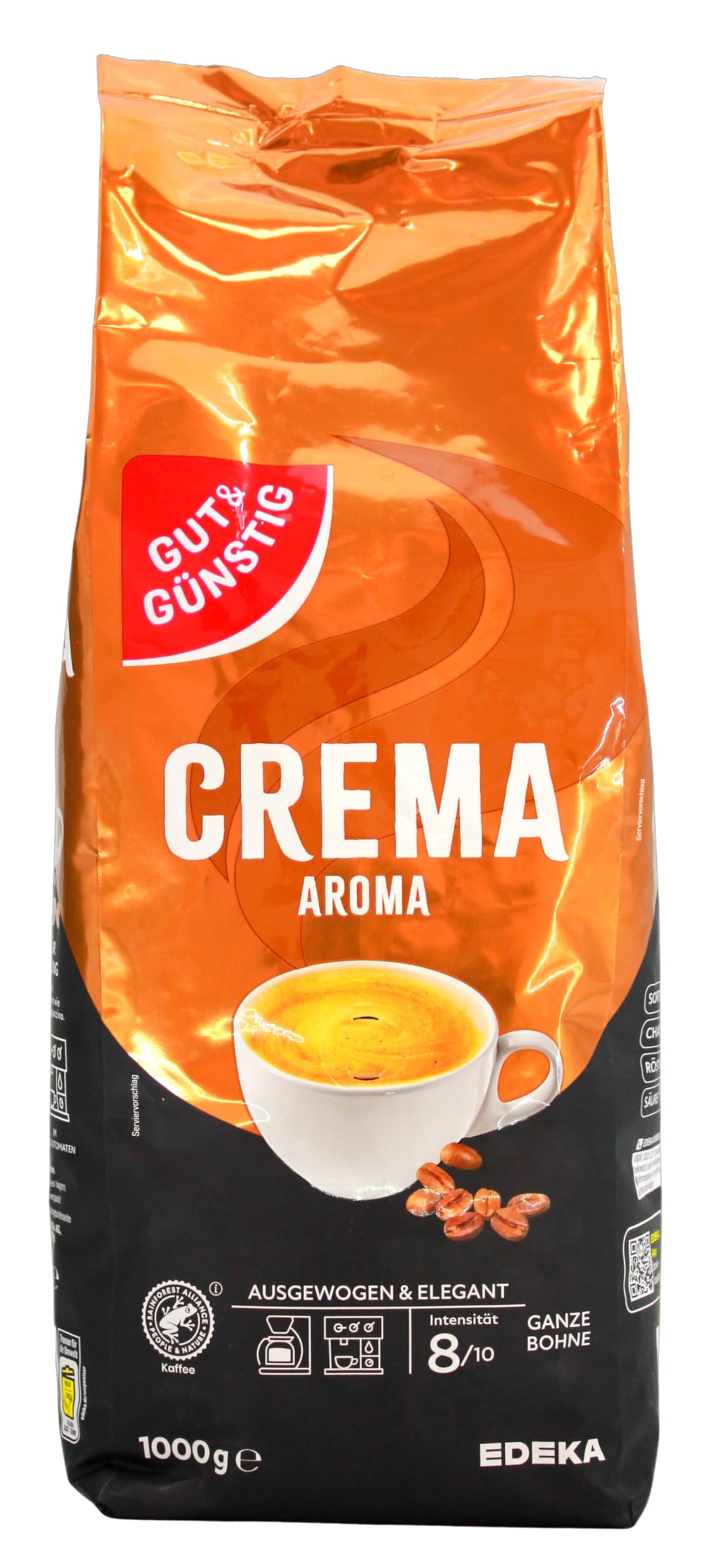 Gut & Günstig Caffe Crema Aroma ganze Bohnen, 8er Pack (8 x 1 kg)