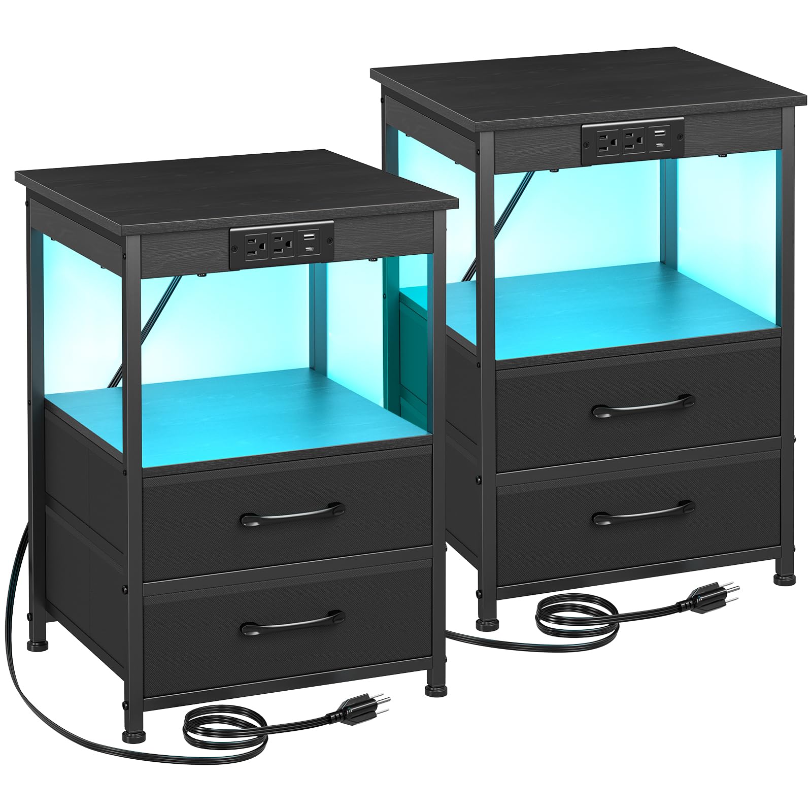 Night Stand Set 2, Black Nightstand with Charging Station, LED End Tables with USB C Port and Outlets, Bedside Table with 2 Storage Fabric Drawers for Bedroom, Small Space, HNS022BK