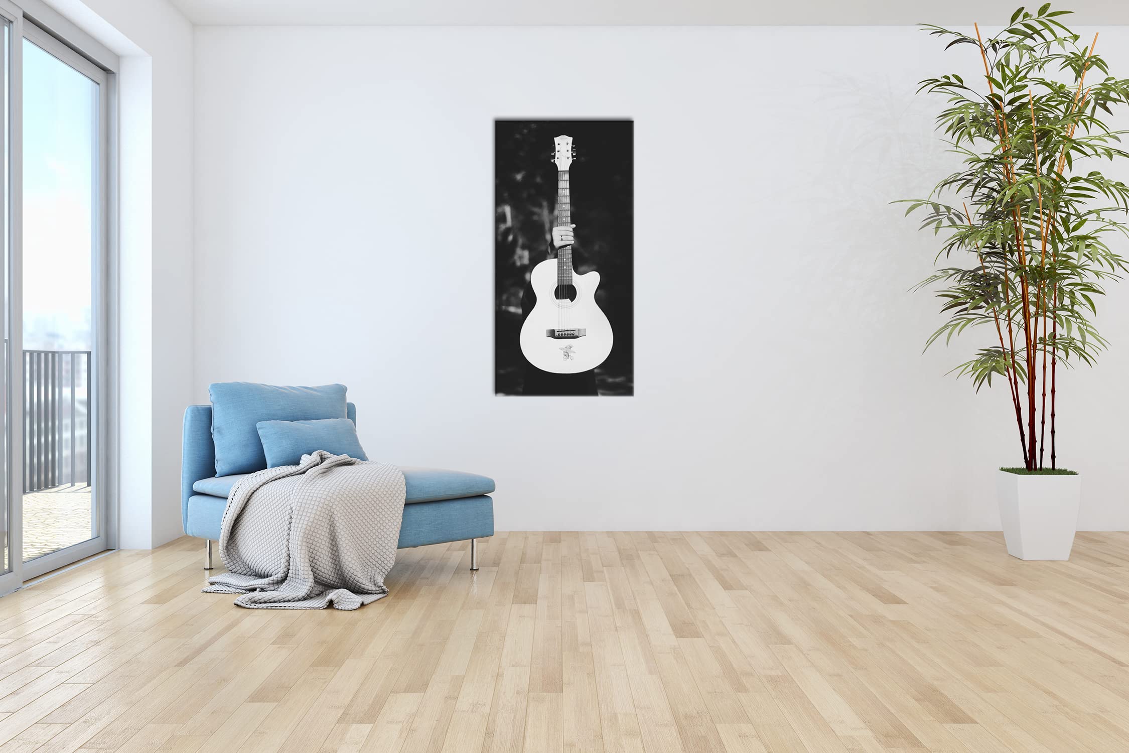 Chitarra acustica bianca panoramica, 120 x 60 cm, effetto: nero/bianco su tela, motivo già incorniciato su telaio in vero legno, stampa digitale di alta qualità con cornice