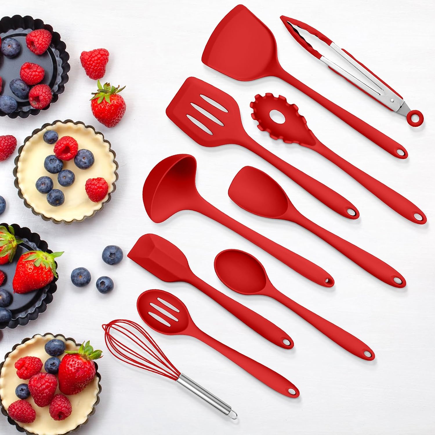 Silicone Cooking Utensils Set of 10, Kitchen Utensils Set for Cooking, 446°F Heat Resistant Silicone Kitchen Tools with Turner Spatula, Soup Ladle, Serving Spoons, Tongs for Nonstick Cookware - Red