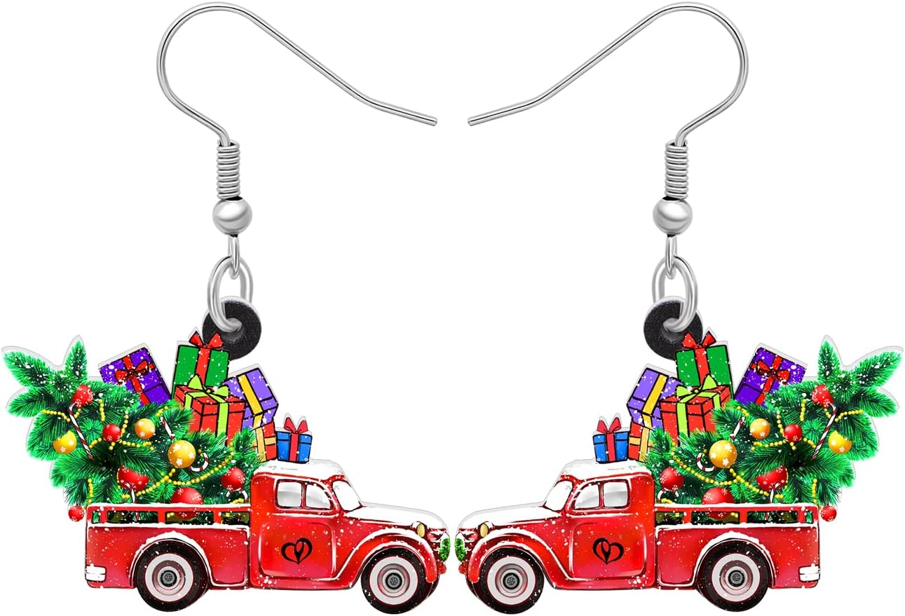 Acrylic Red Truck Loading with Christmas Tree Gifts for Women Girls Novelty Car Dangle Earrings Jewelry Christmas Party Charms