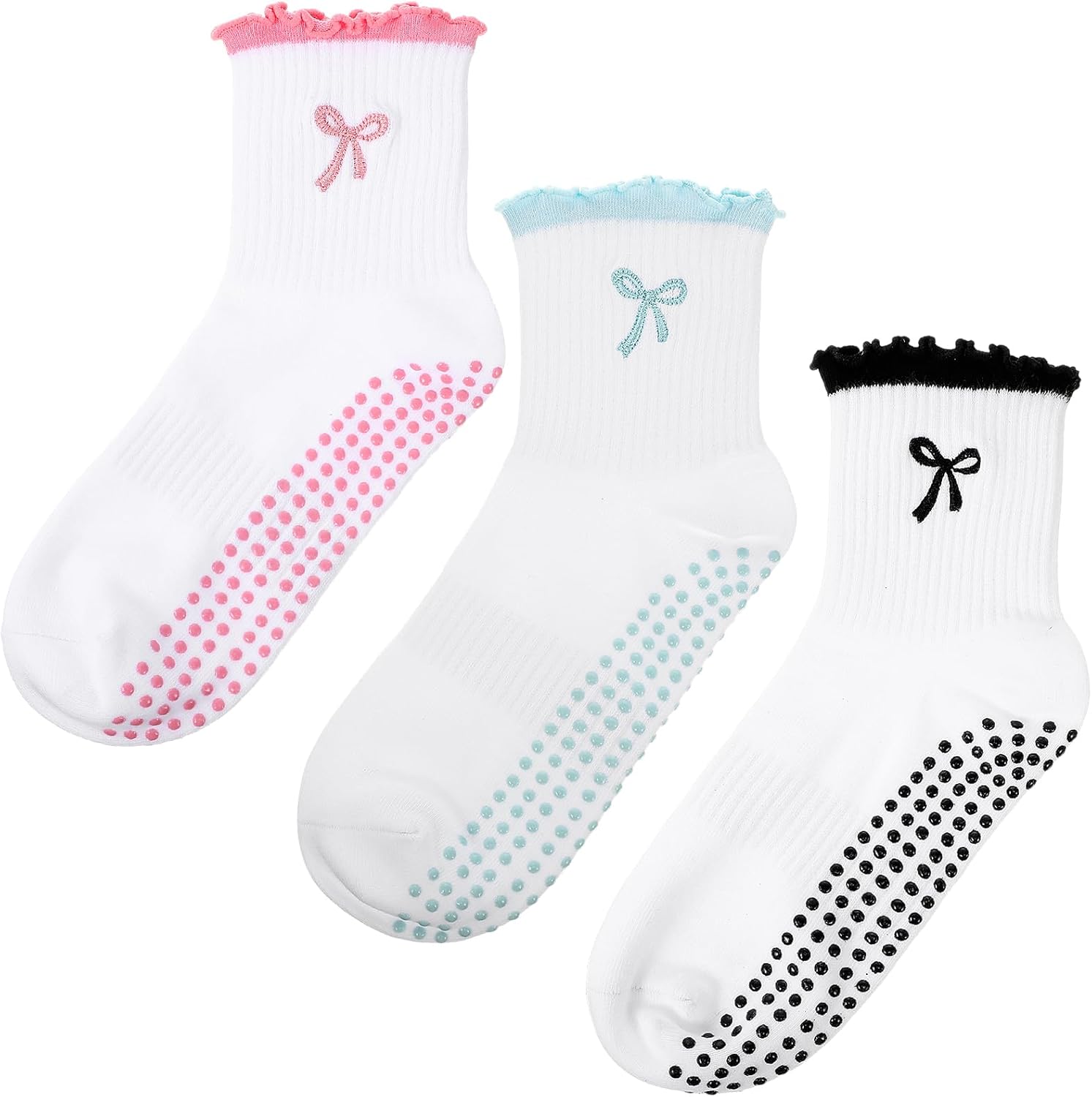 Jeyiour 3 Pairs Cute Grip Pilates Socks Non Slip Women Valentines Pilates Yoga Gift Socks Ruffle Bow Sock