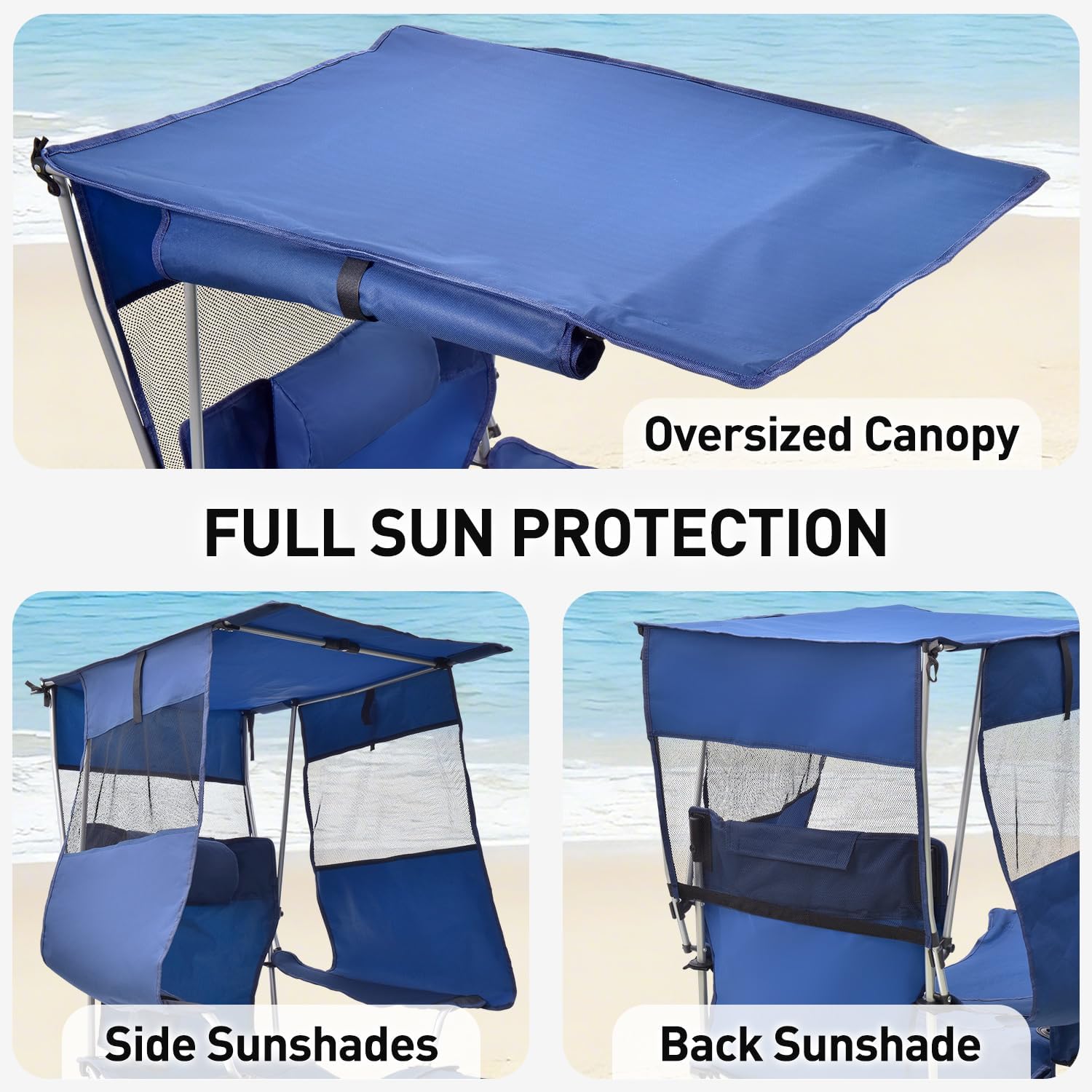 East Oak Reclining Camping Chair with Canopy & Foot Rest | 4-Position Folding Beach Chair with Adjustable Canopy, Detachable Foot Rest, Supportive Headrest, 330 lbs Canopy Chair