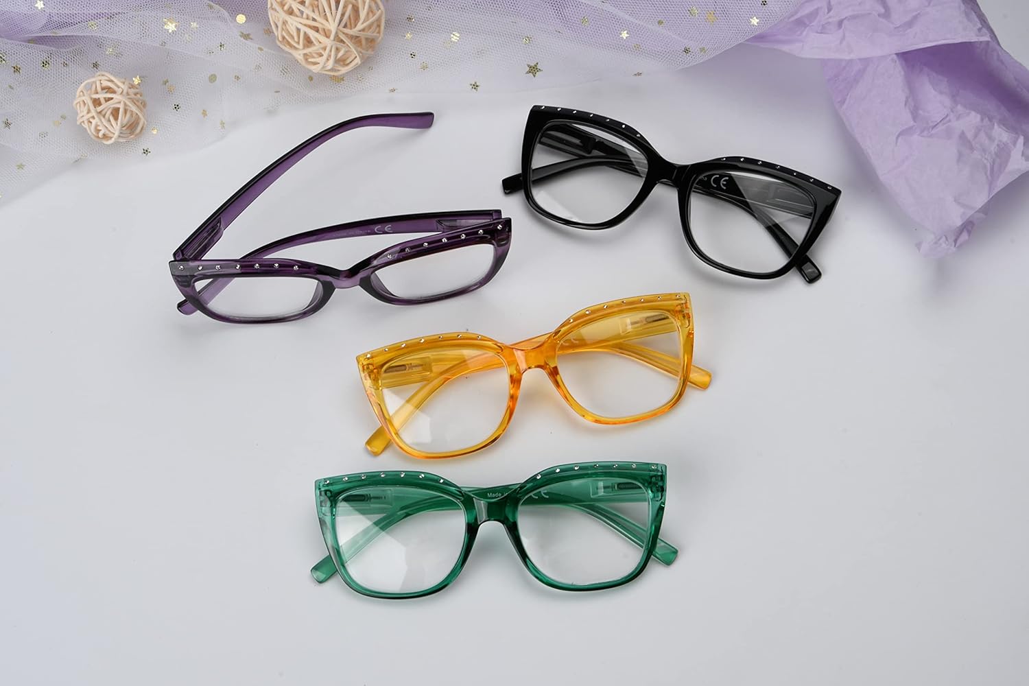 Eyekepper 4-Pack Reading Glasses for Women Rhinestone Readers Cat-eye Eyeglasses +3.50