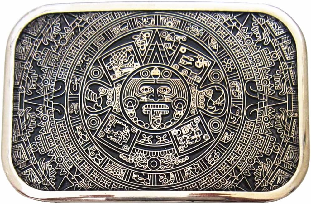 MASOP Retro Square Maya Solar Aztec Calendar Stone Belt Buckle Metal Alloy