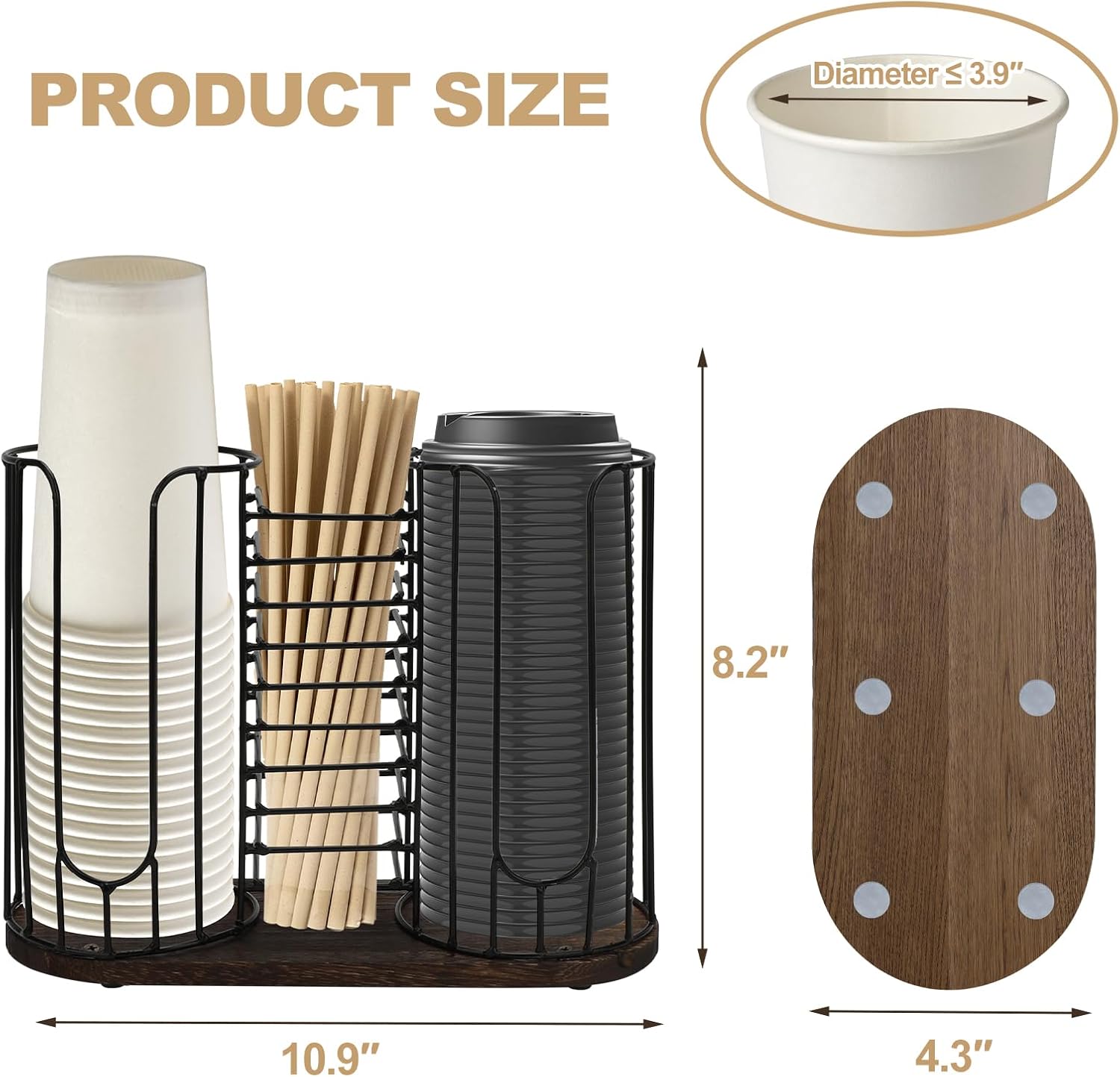 3-Compartment 18oz Coffee Cup Dispenser Rack with Wood Base, Disposable Cup, and Lid Organizer for Countertop - Perfect for Paper Cups, Straws, and Kitchen Cabinet Storage