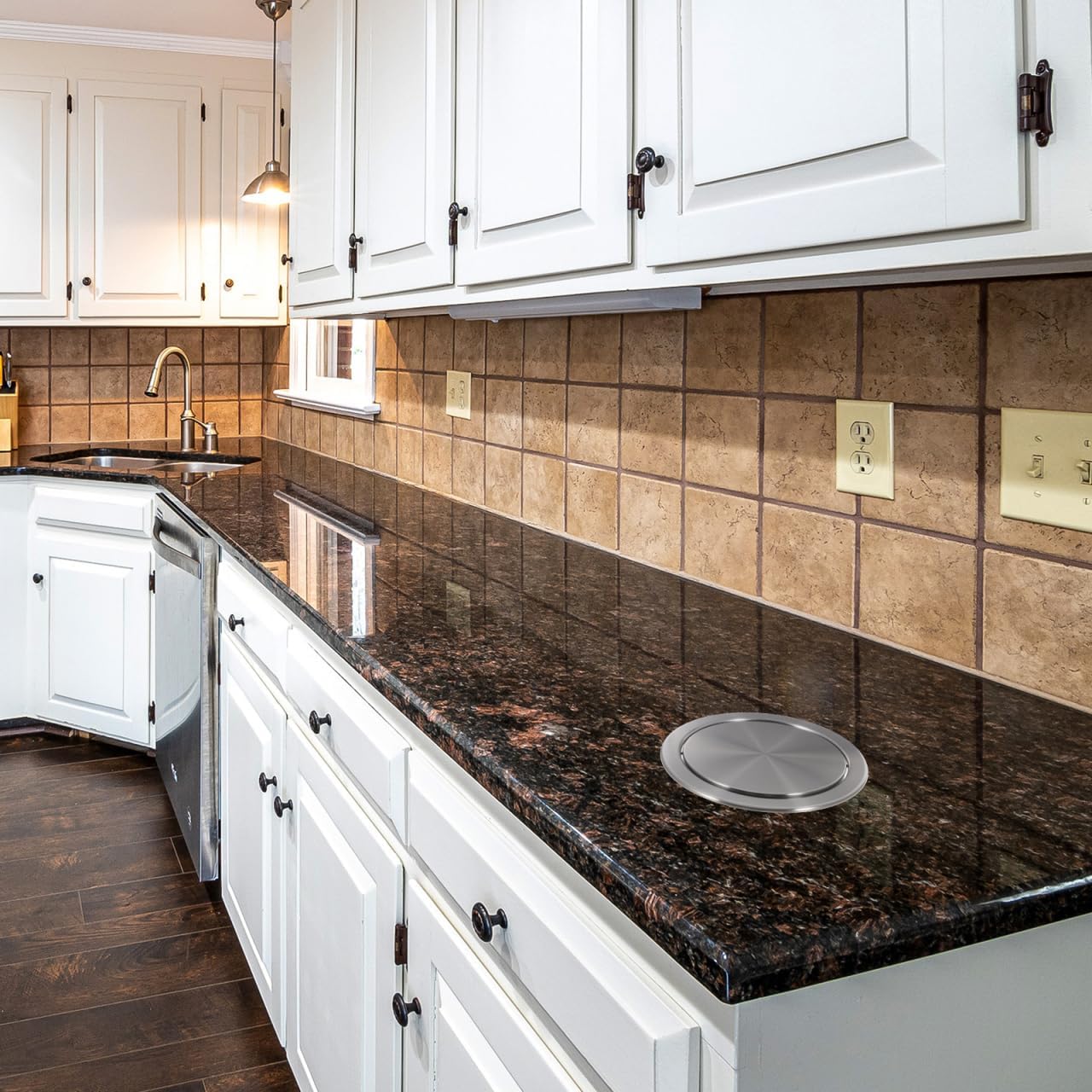 Housoutil Built-in Countertop Trash Bin Lid, Stainless Steel Round Trash Can Lid for Countertop, Grommet Recessed Chute Cover for Kitchen Bathroom Office