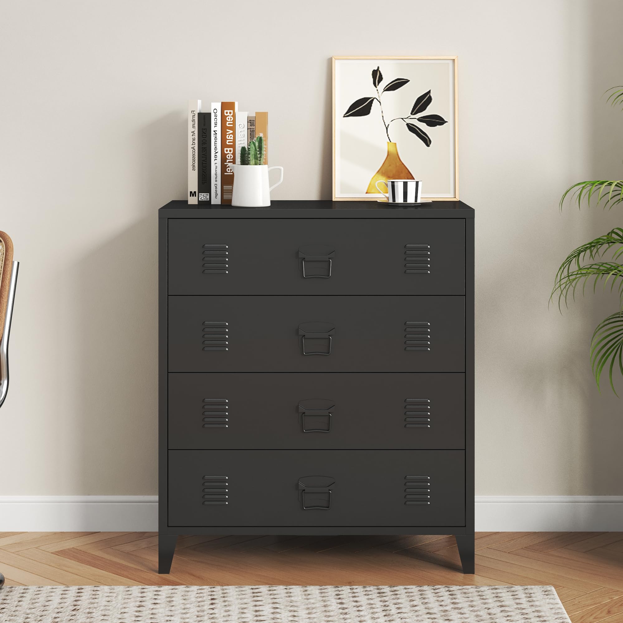 [en.casa] Commode Métallique avec 4 Tiroirs Casier de Bureau Caisson avec Compartiments Fermés Meuble de Rangement Industriel Acier 92 x 80 x 40 cm Noir