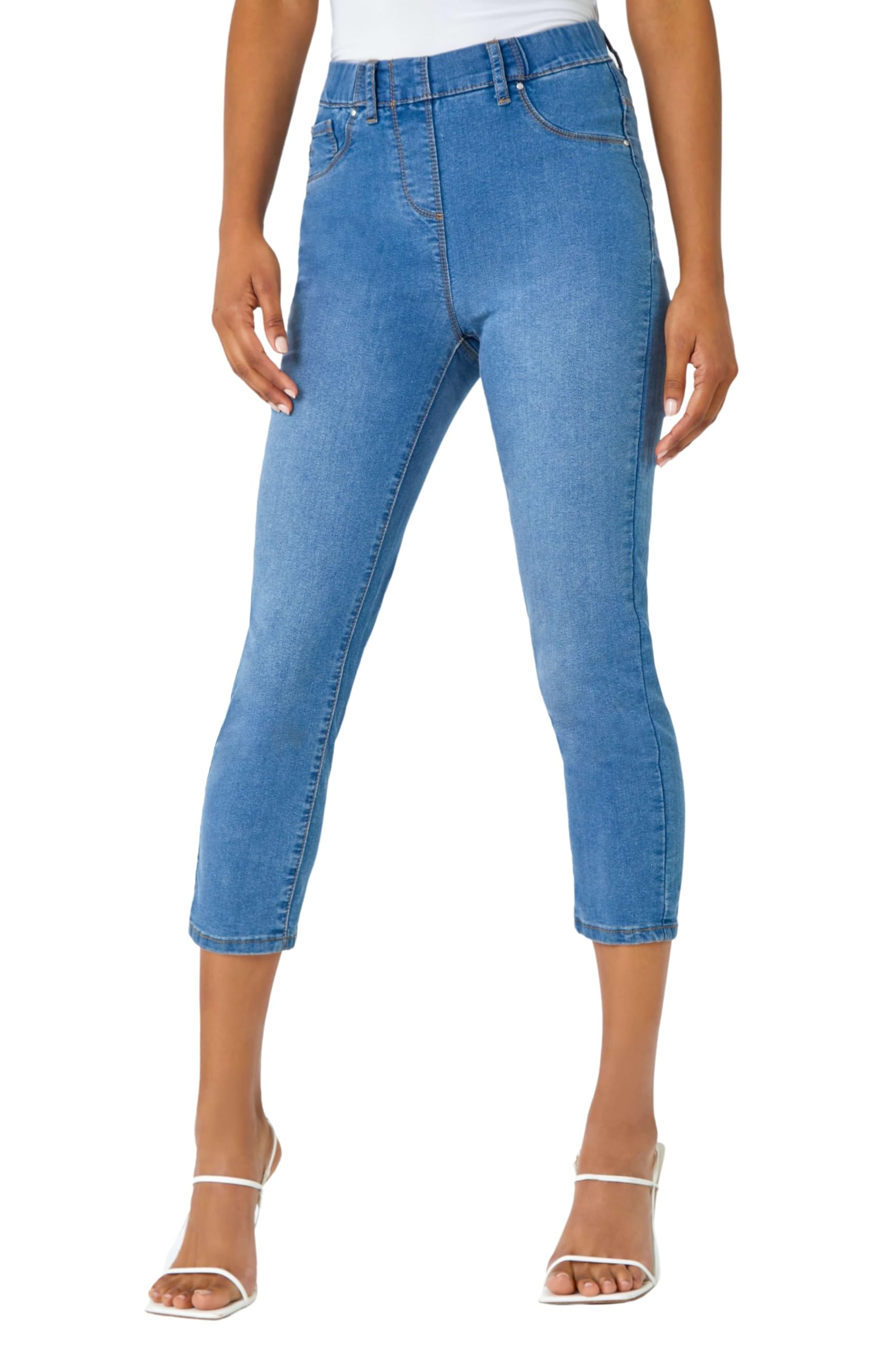 Roman Originals Women's Denim Blue Cropped Jeggings For Uk Capri Stretchy Jeans Denim Legging Cotton Summer Trouser Three Quarter 3/4 Length Pull On Cut Off High Waist Smart - Size 16