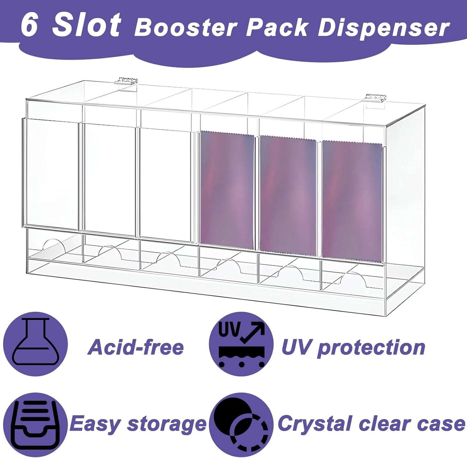 6 Slots Acrylic Booster Pack Dispenser, Card Pack Dispenser with Cover, Stackable TCG Organizer for Trading Card Packs, Booster Packs, Sports Card, Fits Booster Boxes