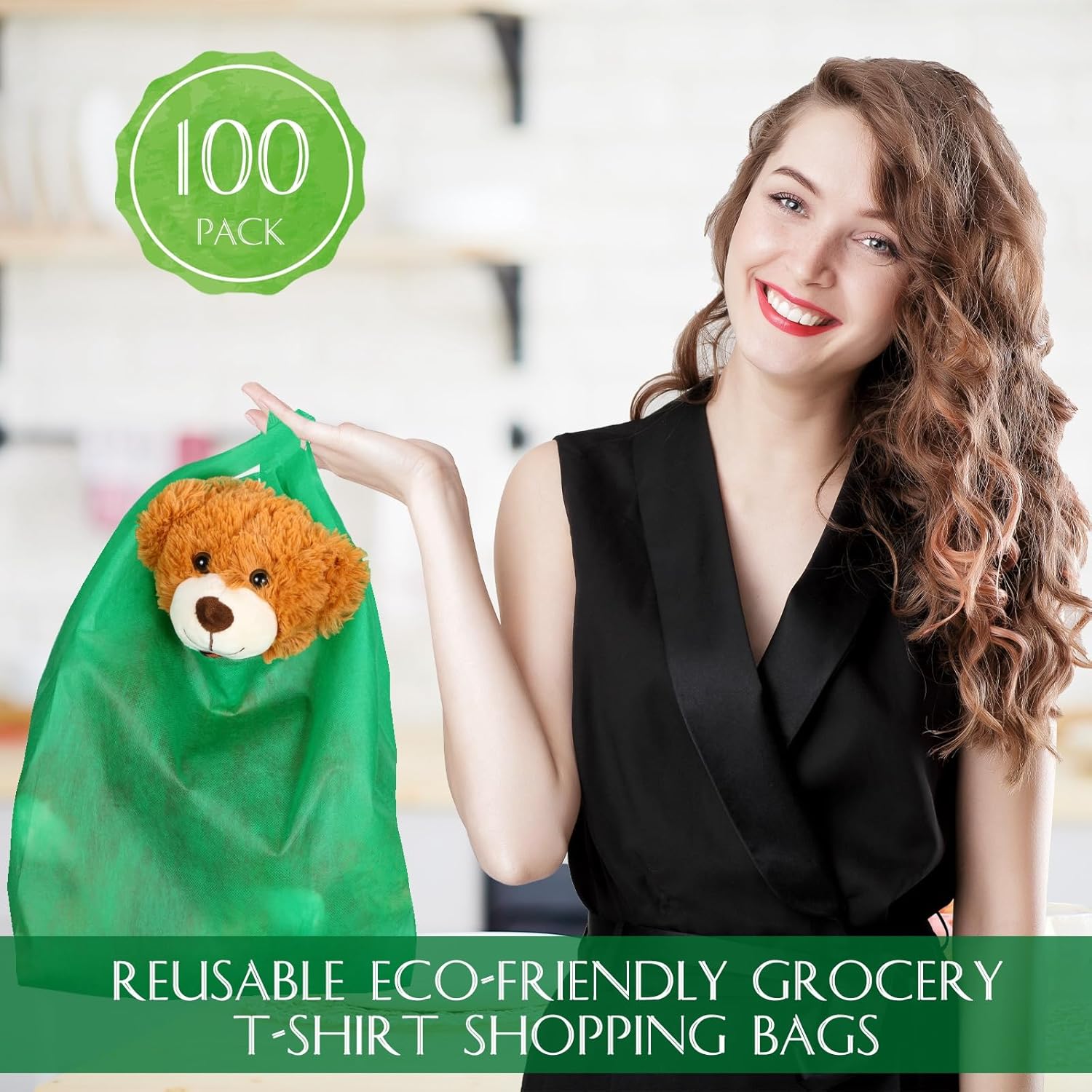 Windyun Large Grocery T-shirt Bags Bulk Reusable Non Woven Shopping Bag Foldable Gift Tote with Handle, 21x11x6 Inch - Image 2