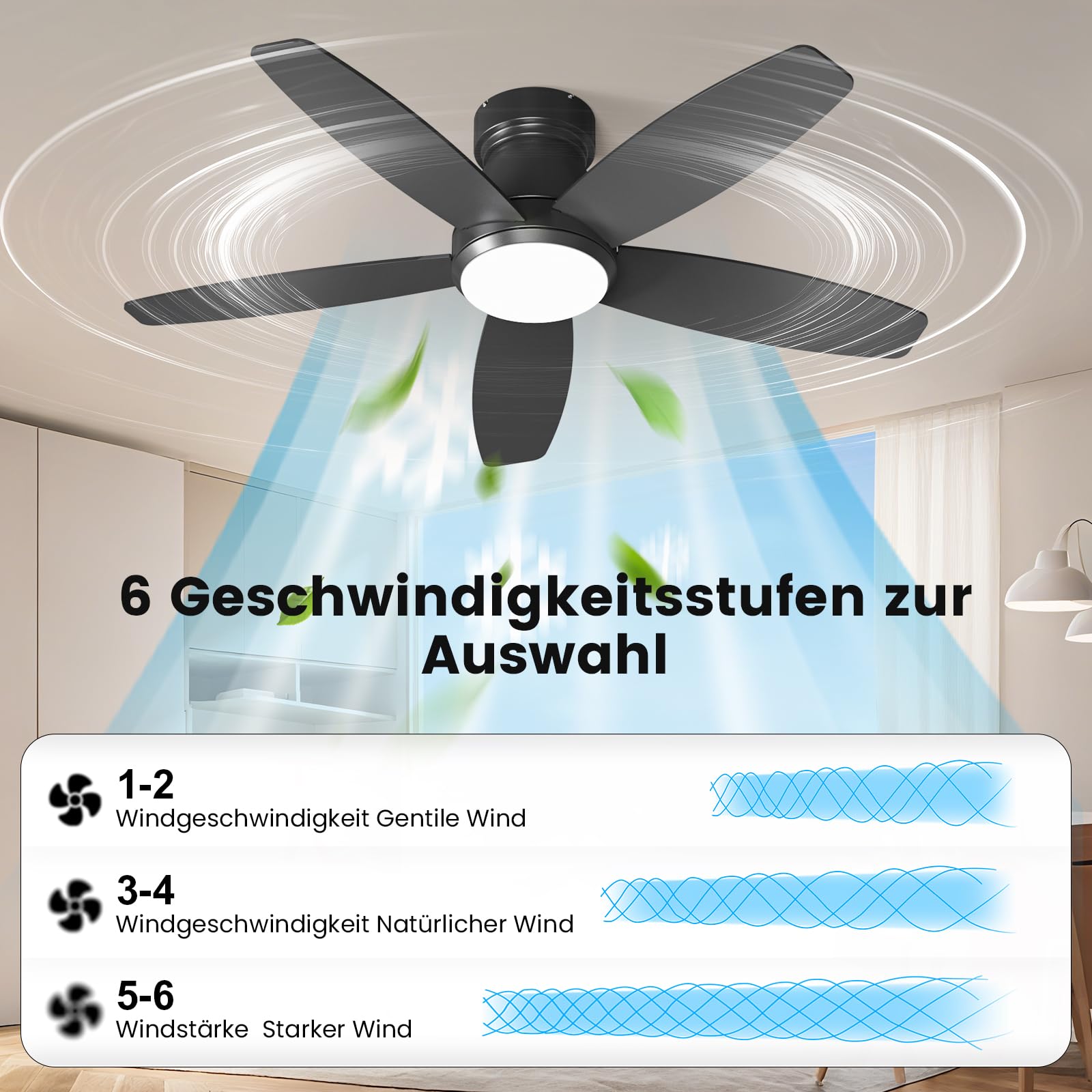 Wentylator sufitowy z oświetleniem, 107 cm, 5 łopatek, wentylator sufitowy z pilotem zdalnego sterowania, 6 biegów, ultracishy, odwracalny silnik prądu stałego, ściemniane diody LED, dwustronne
