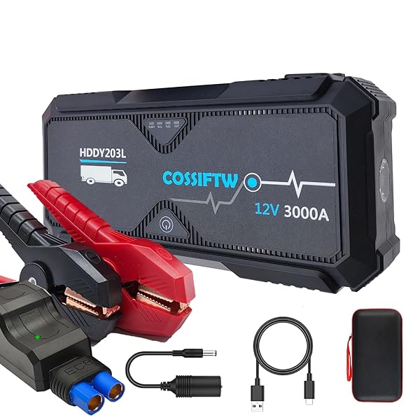 COSSIFTW Jump Starter 3000A Peak Car Starter Cold Crank(Up to 10L Gas or 8L Diesel Engine) 12V Jump Box Battery Booster Portable Power Pack with USB Quick Charge for Pickup Motorcycle Boat RV Tractor