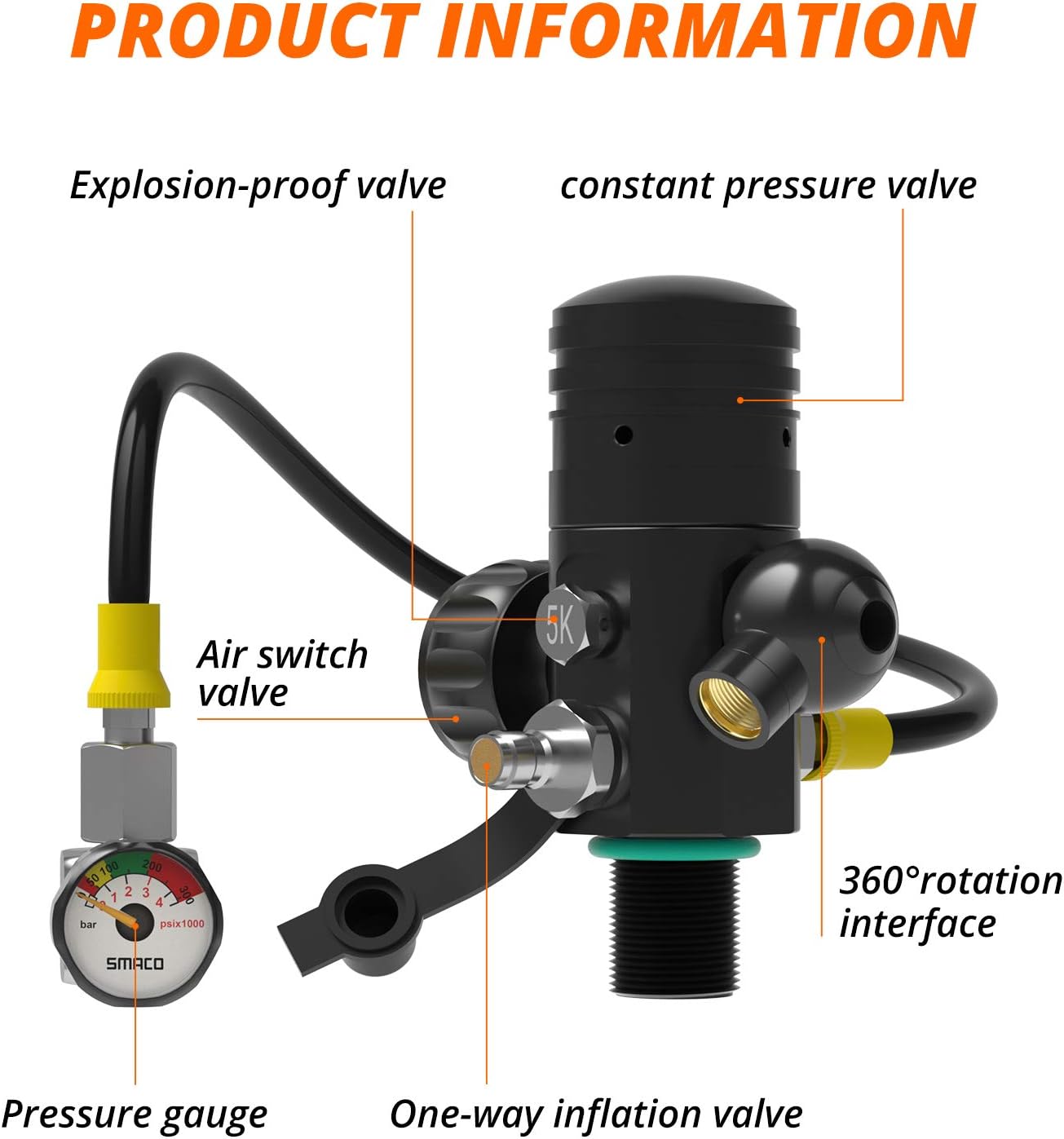 SMACO Scuba Diving Valve M18x1.5 First Level Pressure Reducing Valve 3000Psi Breathing Head for Diving Oxygen Cylinder