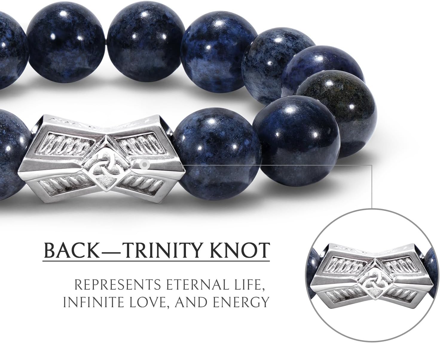 AWNL® Men's Beaded Bracelet with Sterling Silver Engraved Runes Charm 12mm Bronzite Dumortierite Obsidian Natural Gemstone Gift for Men, 6.1''-7.9''