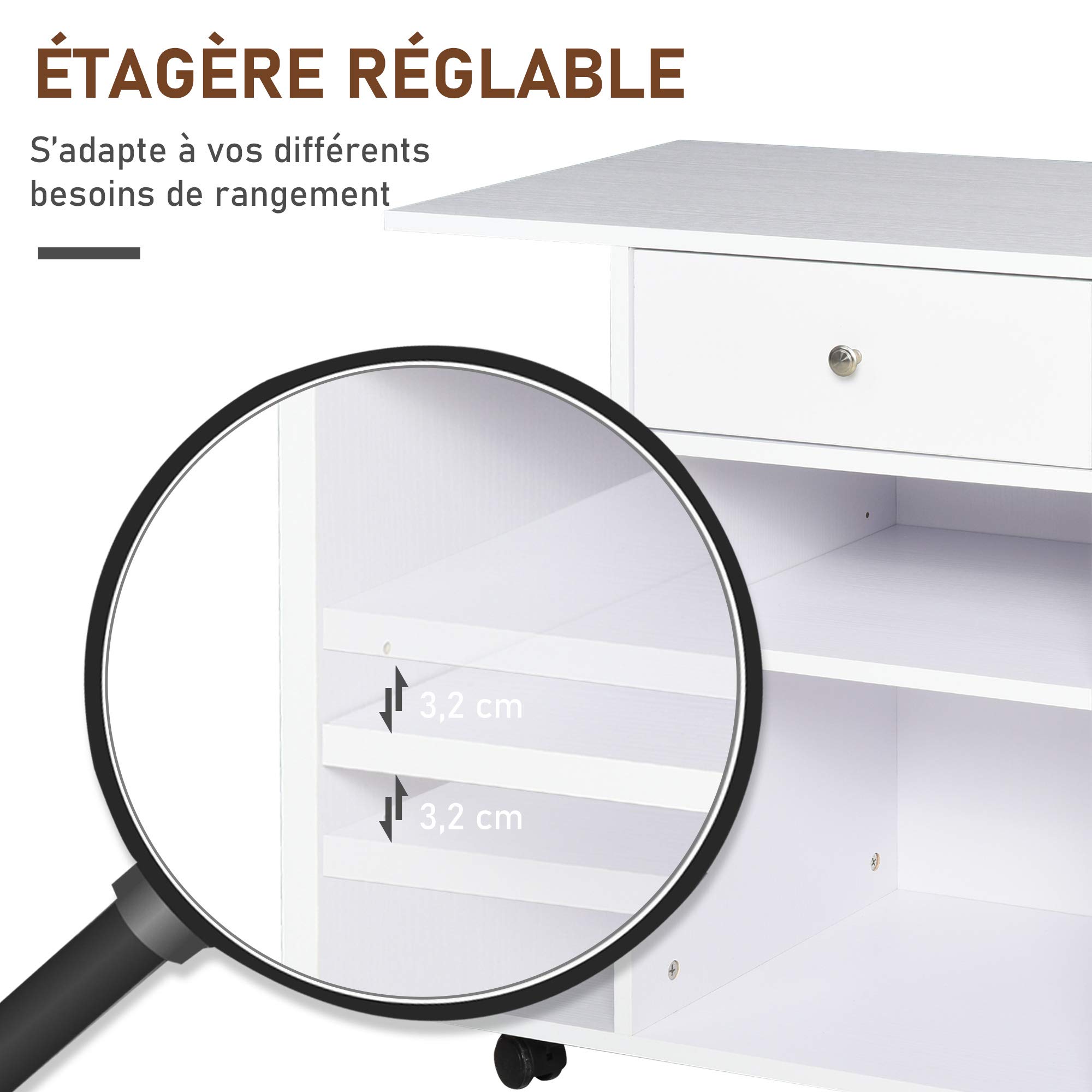HOMCOM Vinsetto Support d'Imprimante Organiseur Bureau Caisson Blanc | 2 Niches, Tiroir, Espace CPU, Grand Plateau, Panneaux Particules